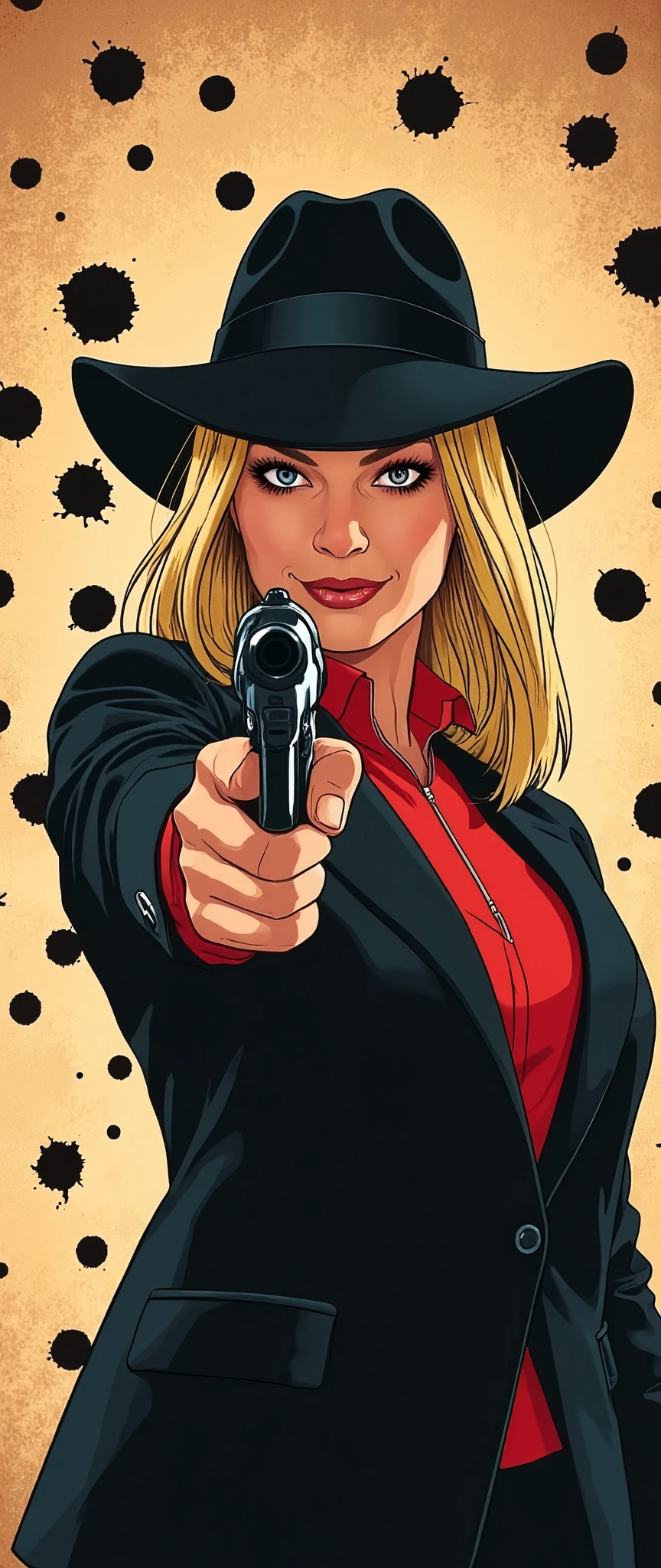 (Best illustrations:2.0),Crazy Smile,Evil Villain,Vector art,Mafia female boss with a big smile,Gangster,hat,(Ready your gun?:2.0),(Point the gun at the camera:2.0),(The background is a wall of bullet holes:2.0),Gangster,hat,(Artistic Rendering),(Simple design:2.0)