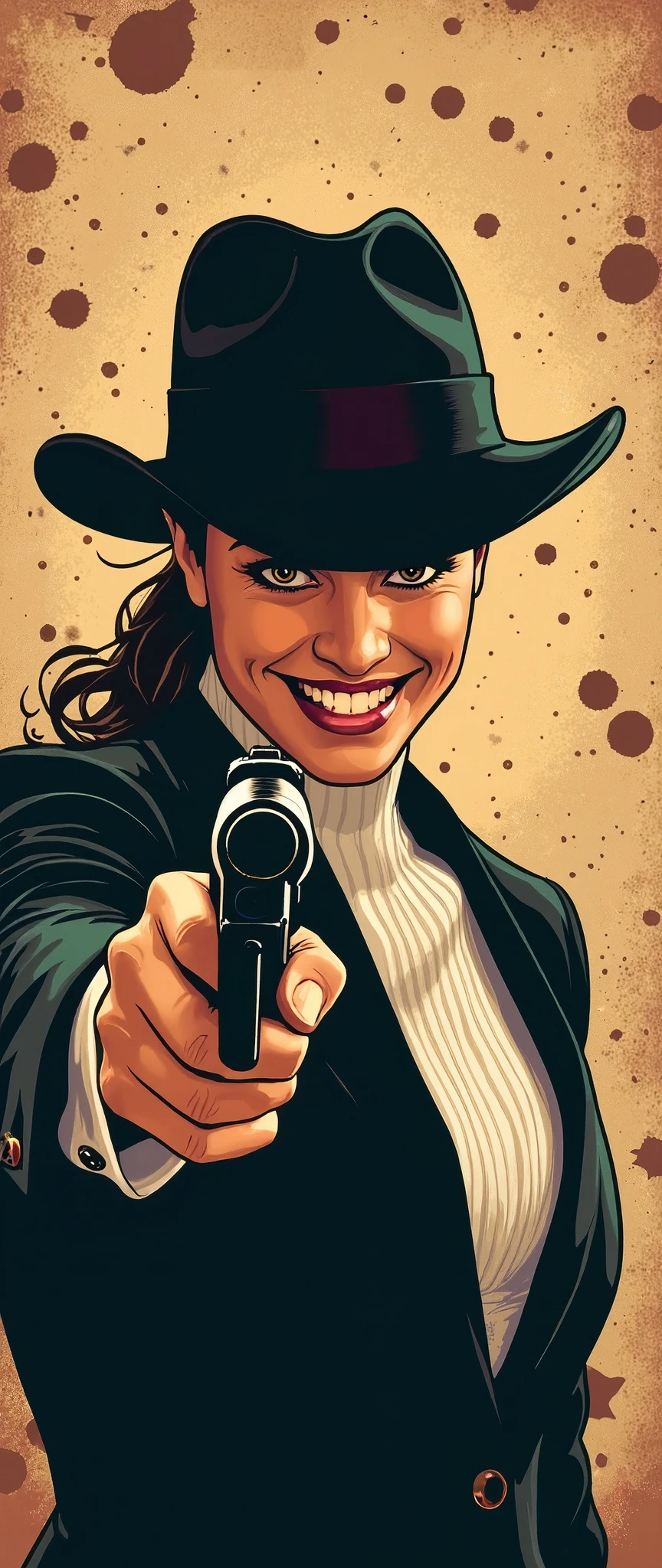 (Best illustrations:2.0),Crazy Smile,Evil Villain,Vector art,Mafia female boss with a big smile,Gangster,hat,(Ready your gun?:2.0),(Point the gun at the camera:2.0),(The background is a wall of bullet holes:2.0),Gangster,hat,(Artistic Rendering),(Simple design:2.0)