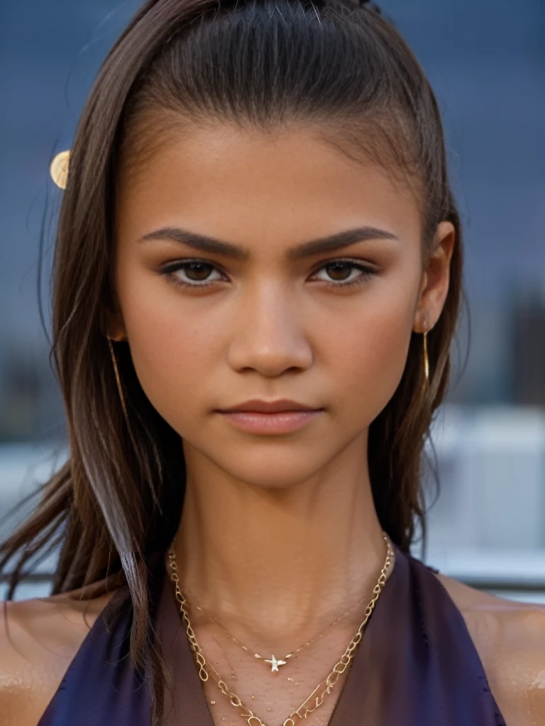 (zendaya:.4), (32k:1.5, Highest quality, masterpiece, Ultra-high resolution), Professional camera work:1.6, Highly detailed skin and face textures:1.3, Captivating portrait:1.2, Very accurate, Very detailed, 1 adult female, ((Amazing night view from the rooftop:1.4, The moonlight at night illuminates my body)), Incredibly slim body, sense of loss, Sadness, Expressions of sadness,  Small face, A dreamy look:1.0,  (Wet dark brown medium length hair), Candles, The chest is medium, Earrings, necklace, bracelet, (romantic, mysterious)