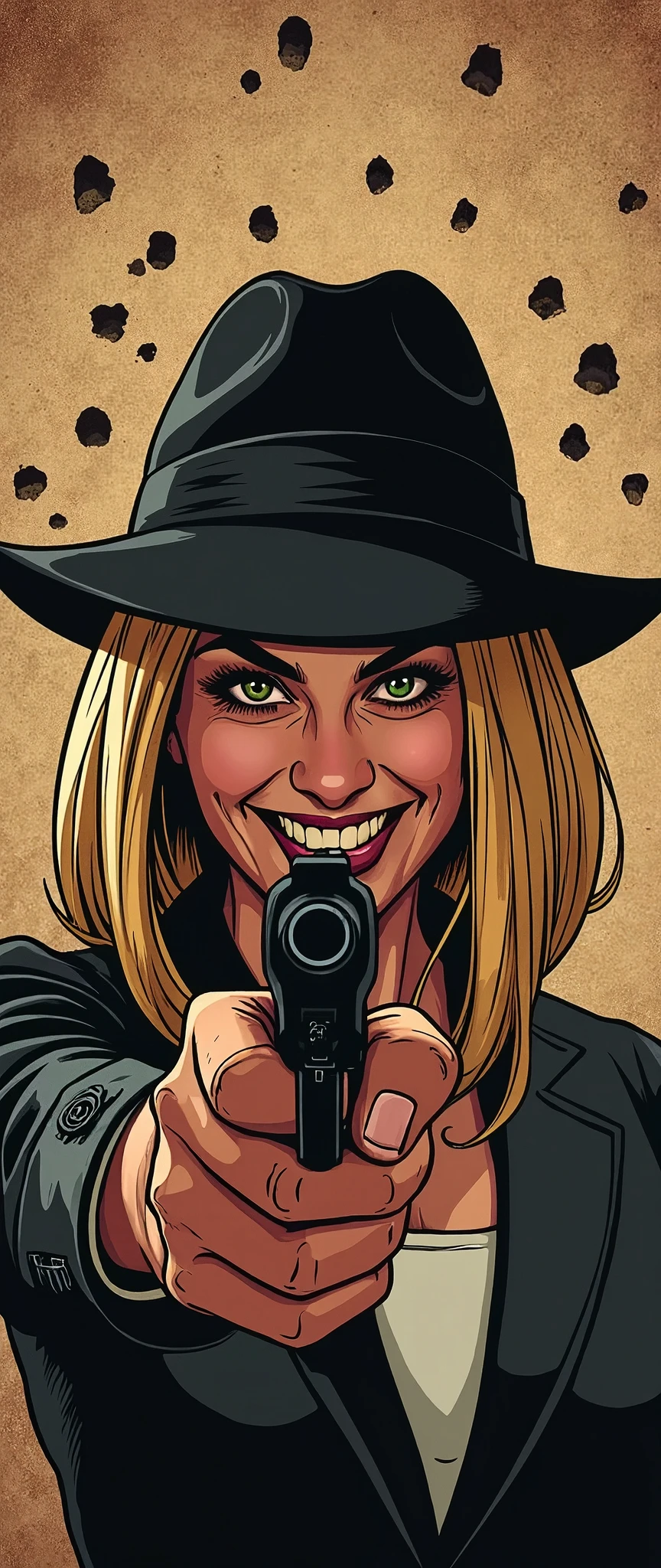 (Best illustrations:2.0),Crazy Smile,Evil Villain,Vector art,Mafia female boss with a big smile,Gangster,hat,(Ready your gun?:2.0),(Point the gun at the camera:2.0),(The background is a wall of bullet holes:2.0),Gangster,hat,(Artistic Rendering),(Simple design:2.0)