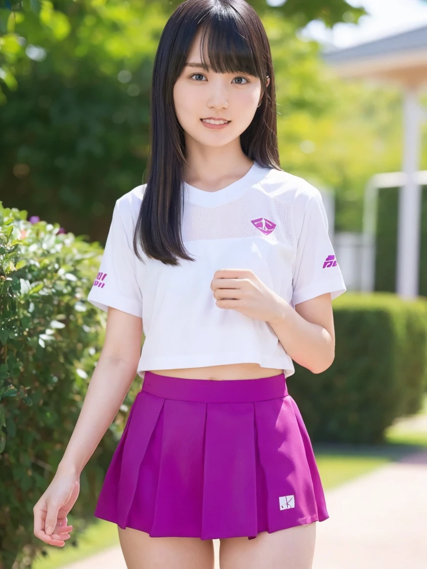 (8k, RAW Photos, highest quality, masterpiece:1.2), (Realistic, photo-Realistic:1.4), (Highly detailed 8k wallpaper), ((Full Body Shot)), (1 girl), Sharp focus, Depth of written boundary, Cinematic lighting, Soft Light, 緻密な美しさのeye, eye_Chan, Very beautiful girl, innocent big eyes, Realistic, photo Realistic, Highly detailed cute girl, (Thin thighs), (Model Body Type), 18-year-old, (Casual short sleeve t-shirt), (Purple and pink checkered micro mini pleated skirt), (smile), Parted lips, Watching the audience, (On the streets of Tokyo) , (Brown Hair),(Long Bob Hair), (Asymmetrical bangs)