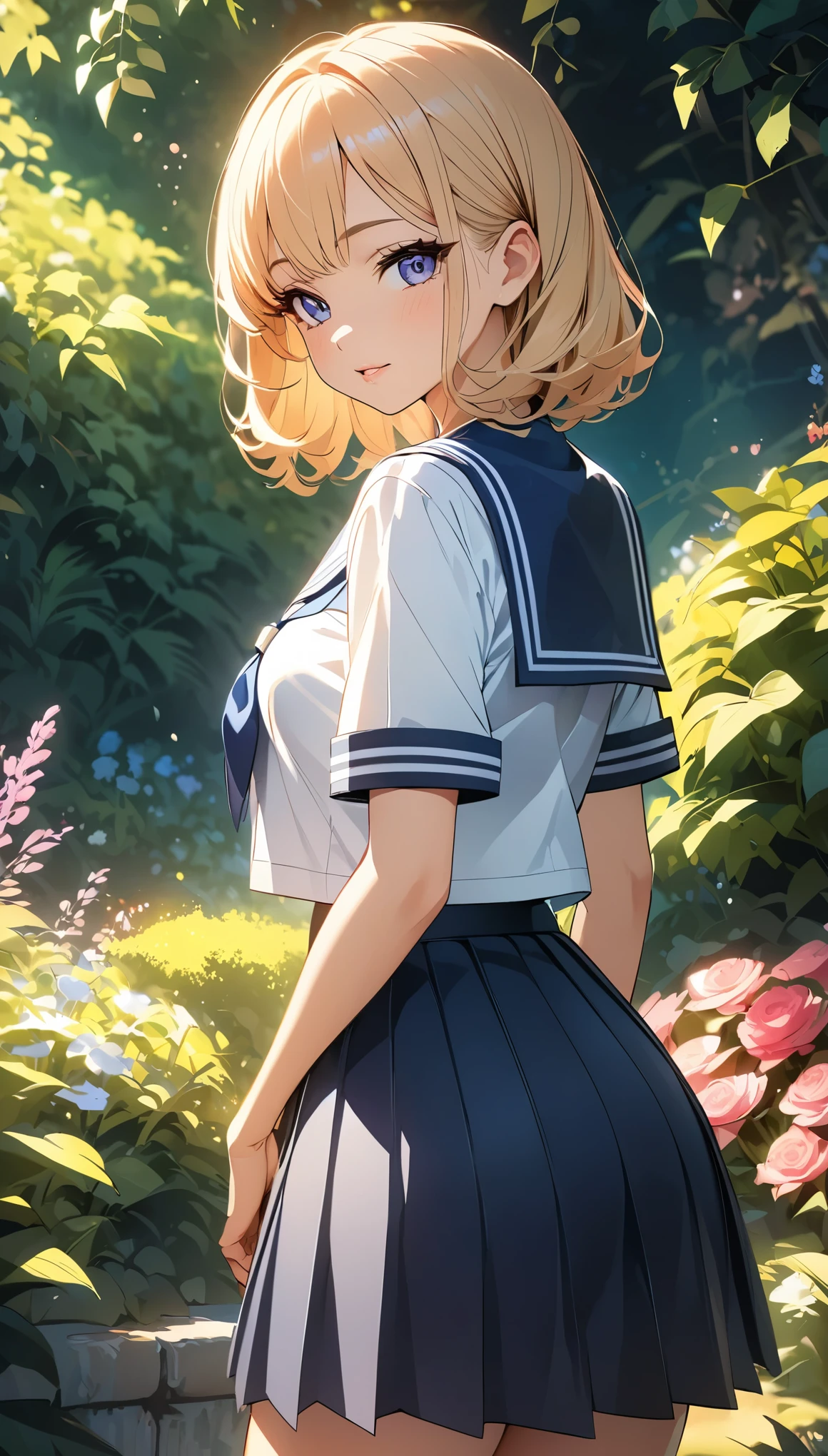 Beautiful girl in sailor suit、Rear view、Turn your ass towards me、Buttocks up、Extremely detailedな顔と目、Long eyelashes、Beautiful and detailed lips、The intricate pleats and details of a sailor suit、Outdoor garden with flowers and greenery、Cinematic lighting、Vibrant colors、Extremely detailed、8k、Anime Style、Beautiful CG illustrations、masterpiece:1.2。