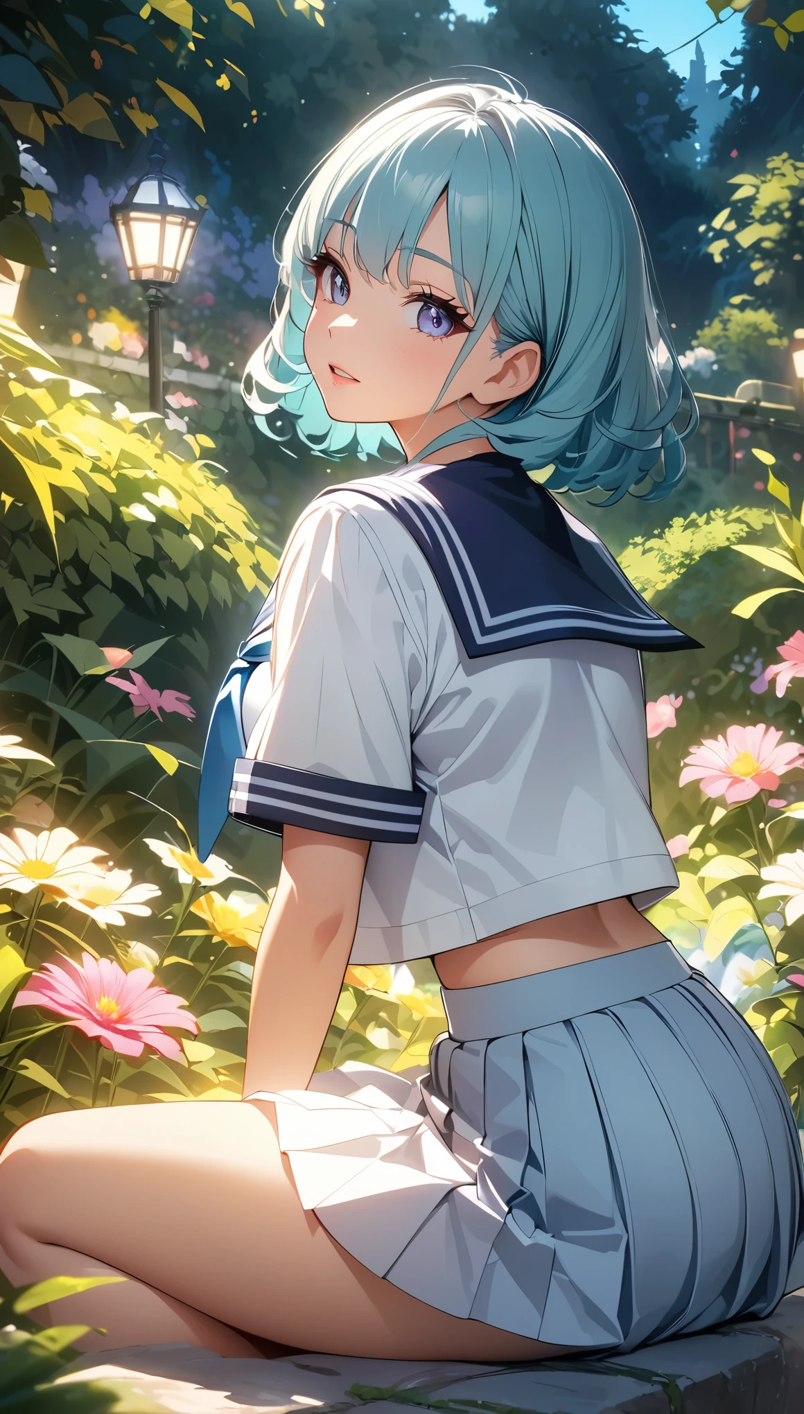 Beautiful girl in sailor suit、Crouched back view、Turn your ass towards me、Buttocks up、Extremely detailedな顔と目、Long eyelashes、Beautiful and detailed lips、The intricate pleats and details of a sailor suit、Outdoor garden with flowers and greenery、Cinematic lighting、Vibrant colors、Extremely detailed、8k、Anime Style、Beautiful CG illustrations、masterpiece:1.2。