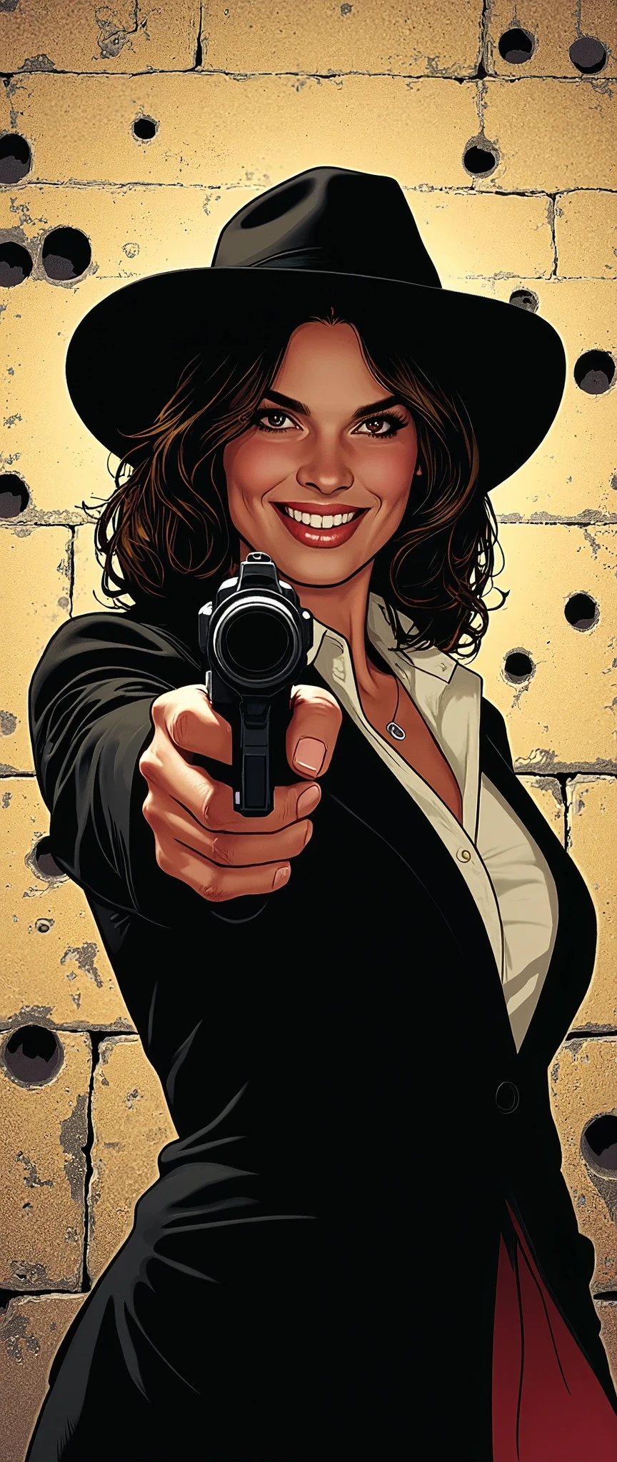 (Best illustrations:2.0),Crazy Smile,Evil Villain,Vector art,Mafia female boss with a big smile,Gangster,hat,(Ready your gun?:2.0),(Point the gun at the camera:2.0),(The background is a wall of bullet holes:2.0),Gangster,hat,(Artistic Rendering),(Simple design:2.0)