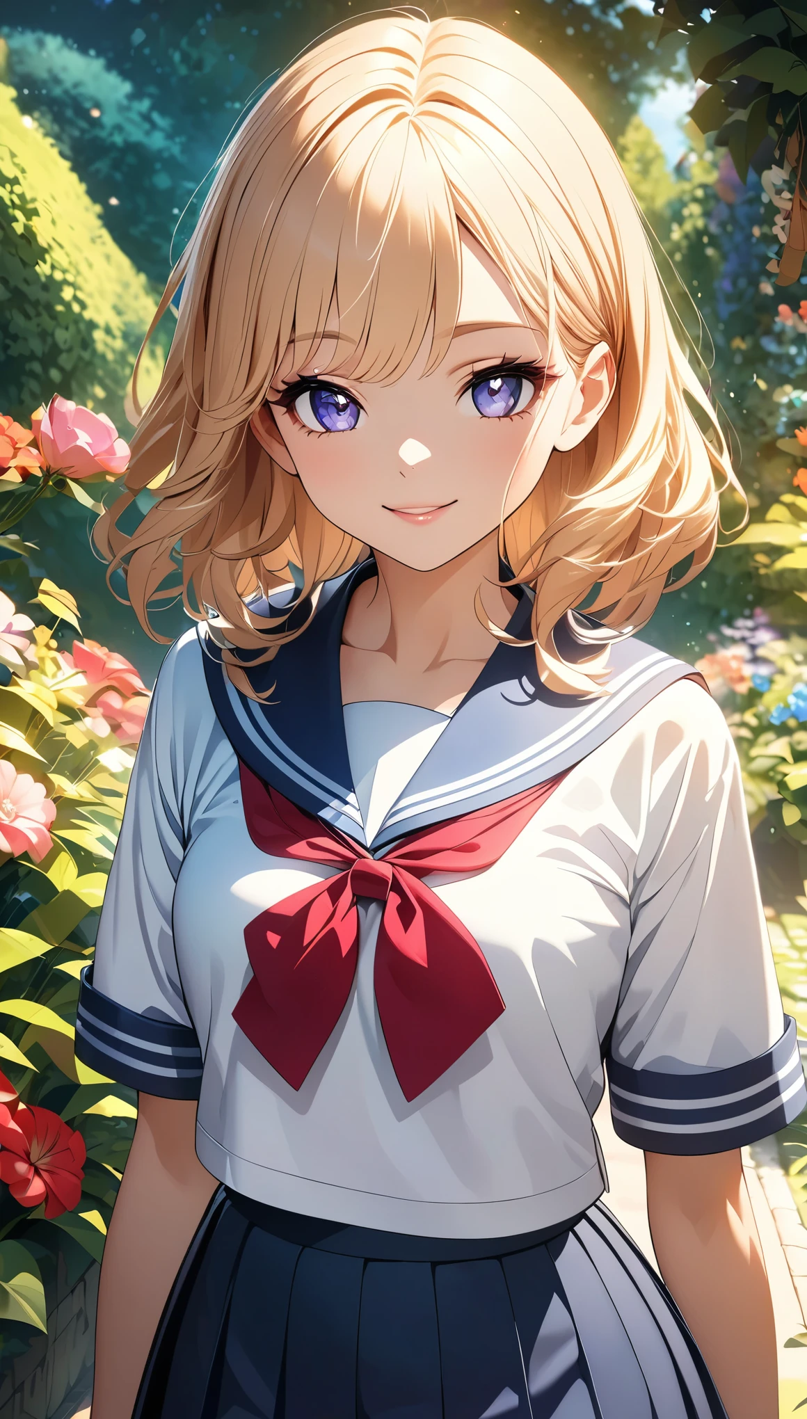 Beautiful girl in sailor suit、Extremely detailedな顔と目、Long eyelashes、smile、Beautiful and detailed lips、The intricate pleats and details of a sailor suit、Outdoor garden with flowers and greenery、Cinematic lighting、Vibrant colors、Extremely detailed、8k、Anime Style、Beautiful CG illustrations、masterpiece:1.2。