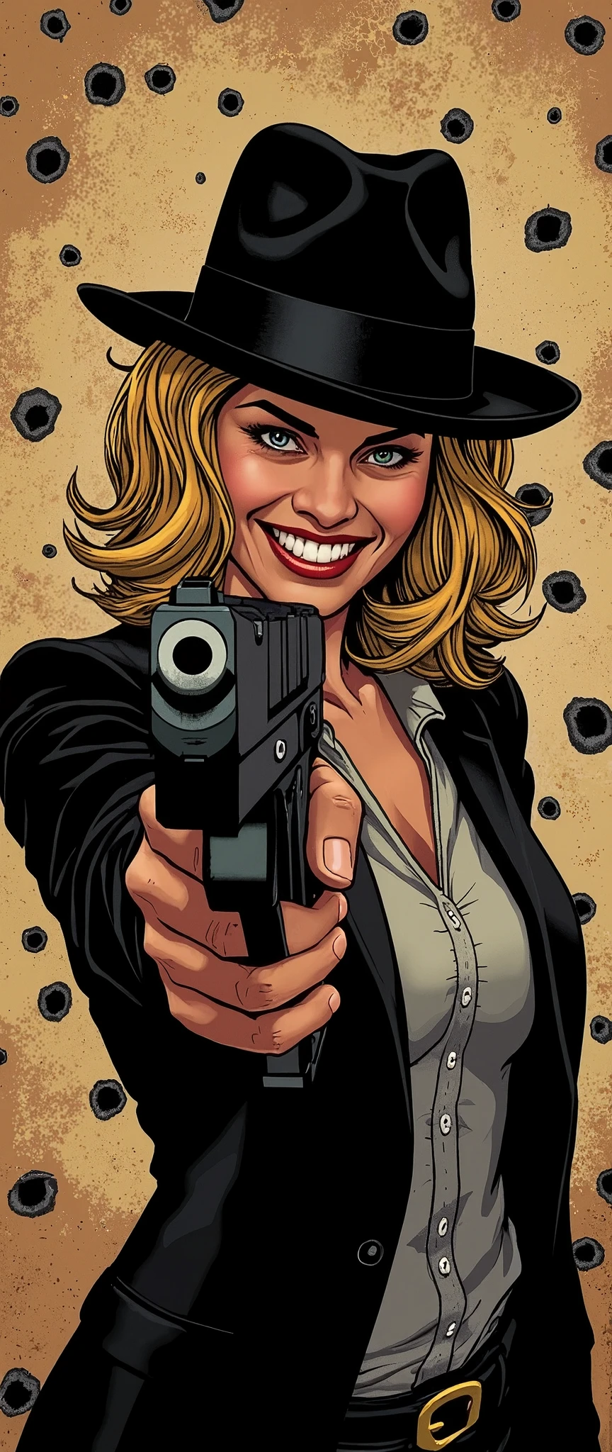 (Best illustrations:2.0),Crazy Smile,Evil Villain,Vector art,Mafia female boss with a big smile,Gangster,hat,(Ready your gun?:2.0),(Point the gun at the camera:2.0),(The background is a wall of bullet holes:2.0),Gangster,hat,(Artistic Rendering),(Simple design:2.0),(Detailed hands:2.0)