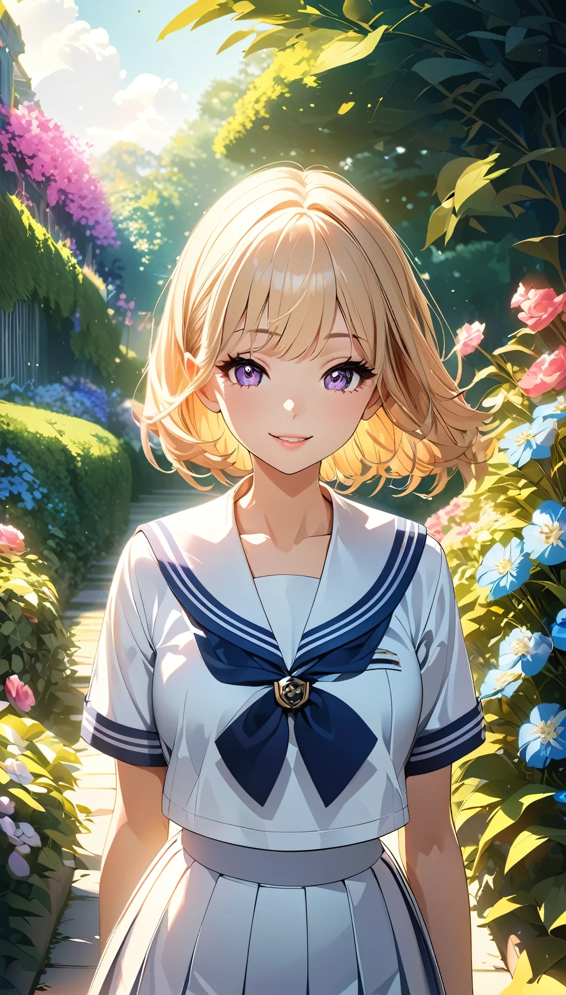 Beautiful girl in sailor suit、Extremely detailedな顔と目、Long eyelashes、smile、Beautiful and detailed lips、The intricate pleats and details of a sailor suit、Outdoor garden with flowers and greenery、Cinematic lighting、Vibrant colors、Extremely detailed、8k、Anime Style、Beautiful CG illustrations、masterpiece:1.2。