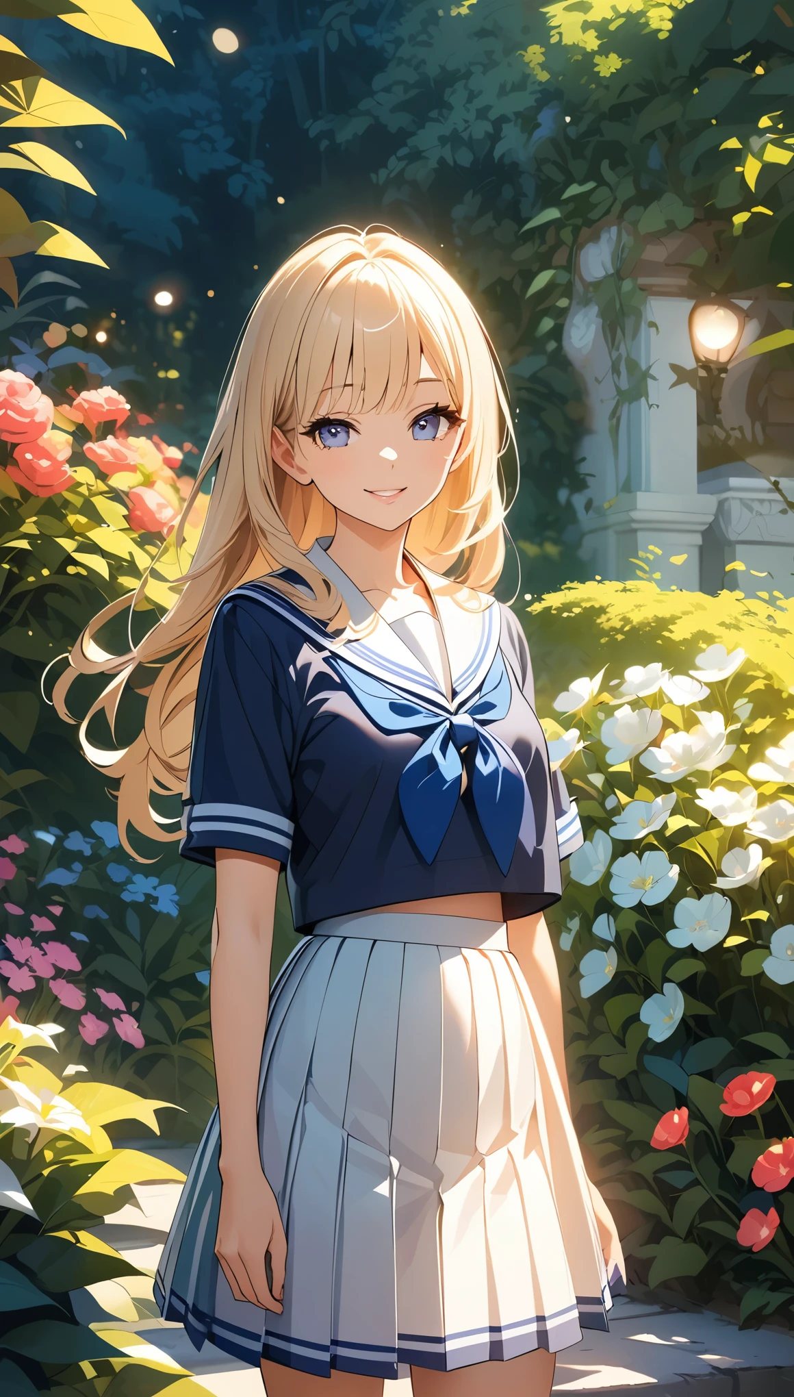 Beautiful girl in sailor suit、Extremely detailedな顔と目、Long eyelashes、Right facing:1.2、smile、Beautiful and detailed lips、The intricate pleats and details of a sailor suit、Outdoor garden with flowers and greenery、Cinematic lighting、Vibrant colors、Extremely detailed、8k、Anime Style、Beautiful CG illustrations、masterpiece:1.2。