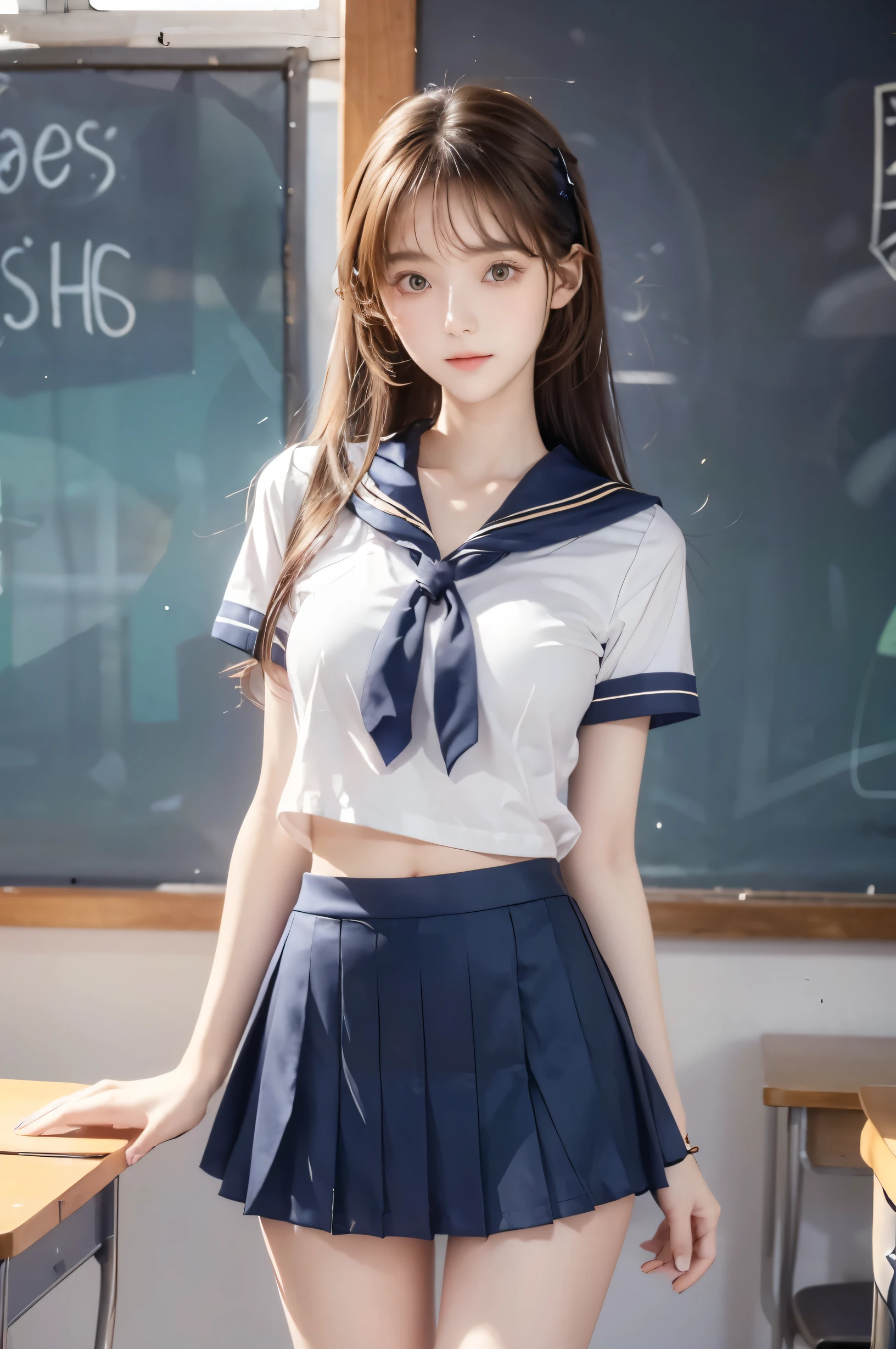 (Ultra HD), (Looking at me), (Short-sleeved sailor uniform, Navy blue mini skirt), Big Breasts, Super beautiful breasts, Slender, (Thin legs:1.2), (Thin thighs:1.2), (Thin Hips:1.4), (Beautiful Skin, Shiny skin, White skin), (Super slim face, Super beautiful face, No makeup, Smile:0.6), (Light Brown, Long Hair, Layered Cut, Fluffy hair), (Big eyes:1.3, High corners of the eyes:1.6, double eyelid), (Thin eyebrows:0.1), (Small Nose:0.6), (Thin lips:0.6), Beautiful Hands, Empty-handed, Standing, School classroom