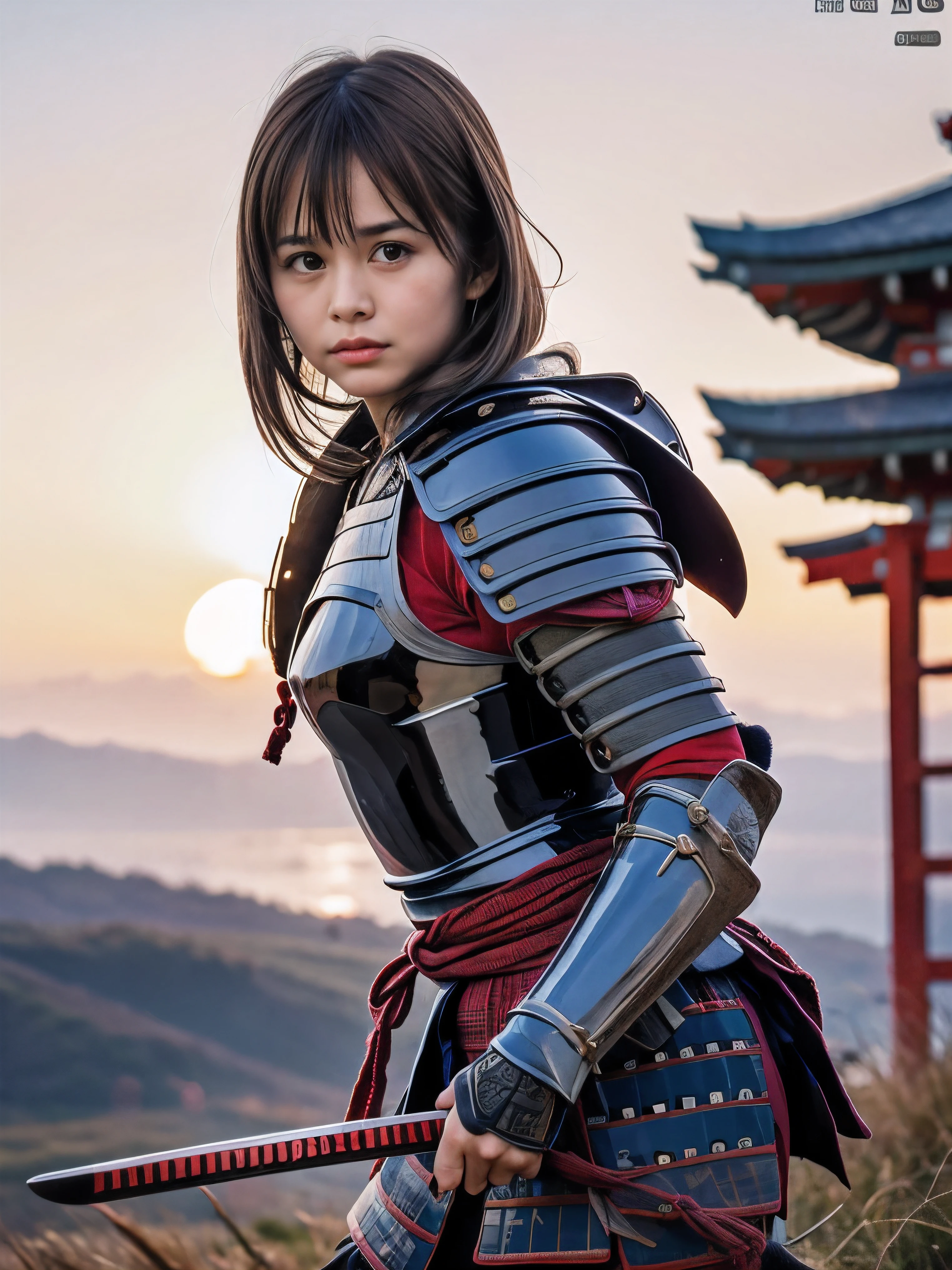 (Close up portrait of one slender small breasts round face brown short hair with bangs girl in an black colored armor warrior as samurai in Japan:1.5)、(One girl is fighting pose with a white-bladed sword on the grassland in Japan with crying face
:1.3)、(Beautiful sunset red sky:1.5)、(blurred background:1.5)、(Natural light:1.5)、(8k ultra detailed master piece:1.5)、(perfect anatomy:1.5)、(Photorealistic stick:1.5)、(Raw photo:1.3)、(highest quality:1.5)、(High resolution:1.3)、(Delicate and beautiful perfect face:1.3)、(Delicate and beautiful eye air skin:1.3)、(Real Human Skin:1.3)、((thin legs))