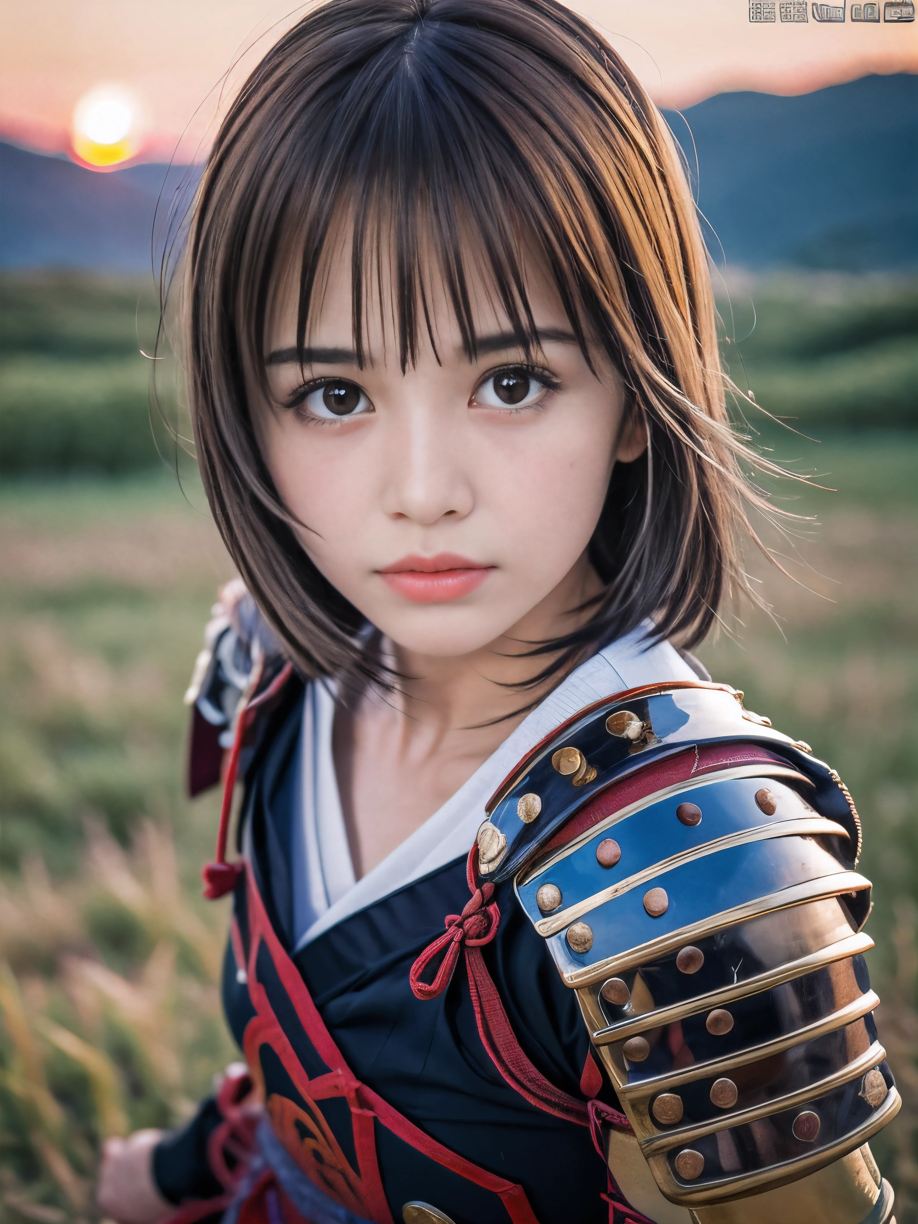 (Close up portrait of one slender small breasts round face brown short hair with bangs girl in an black colored armor warrior as samurai in Japan:1.5)、(One girl is fighting pose with a white-bladed sword on the grassland in Japan with crying face
:1.3)、(Beautiful sunset red sky:1.5)、(blurred background:1.5)、(Natural light:1.5)、(8k ultra detailed master piece:1.5)、(perfect anatomy:1.5)、(Photorealistic stick:1.5)、(Raw photo:1.3)、(highest quality:1.5)、(High resolution:1.3)、(Delicate and beautiful perfect face:1.3)、(Delicate and beautiful eye air skin:1.3)、(Real Human Skin:1.3)、((thin legs))