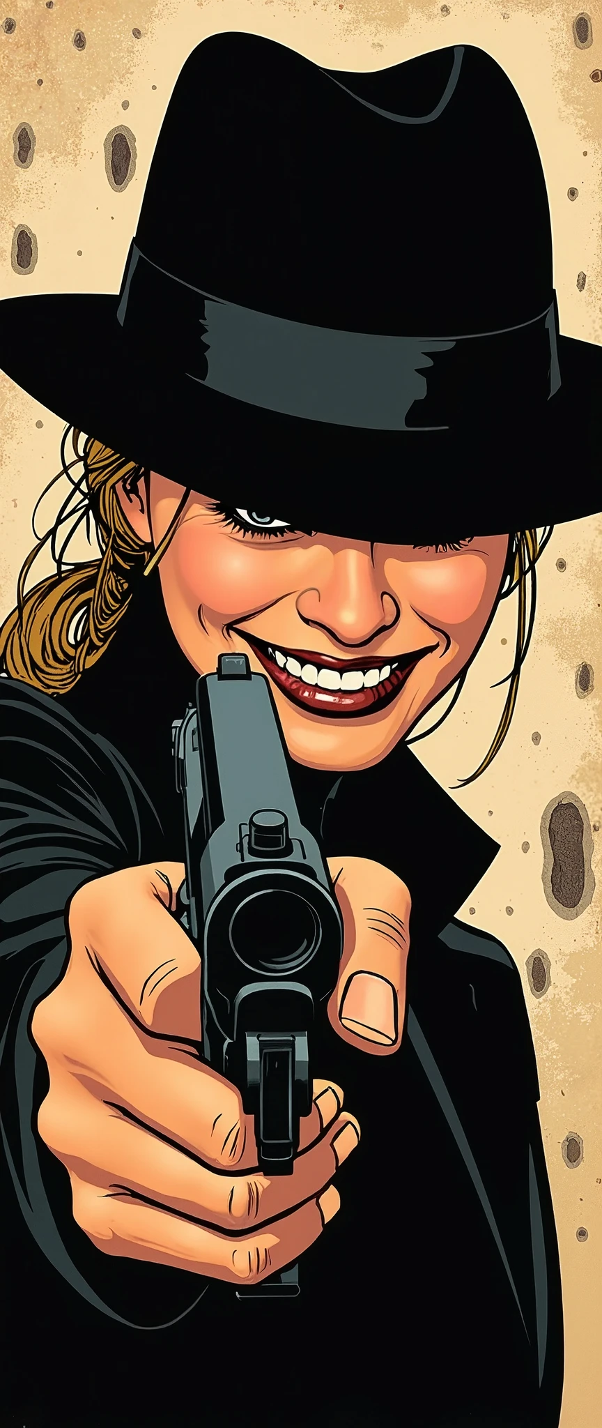 (Best illustrations:2.0),Crazy Smile,Evil Villain,Vector art,Mafia female boss with a big smile,Gangster,hat,(Ready your gun?:2.0),(Point the gun at the camera:2.0),(The background is a wall of bullet holes:2.0),Gangster,hat,(Artistic Rendering),(Simple design:2.0),(Detailed hands),(Close-up of face),(dynamic),(From below)