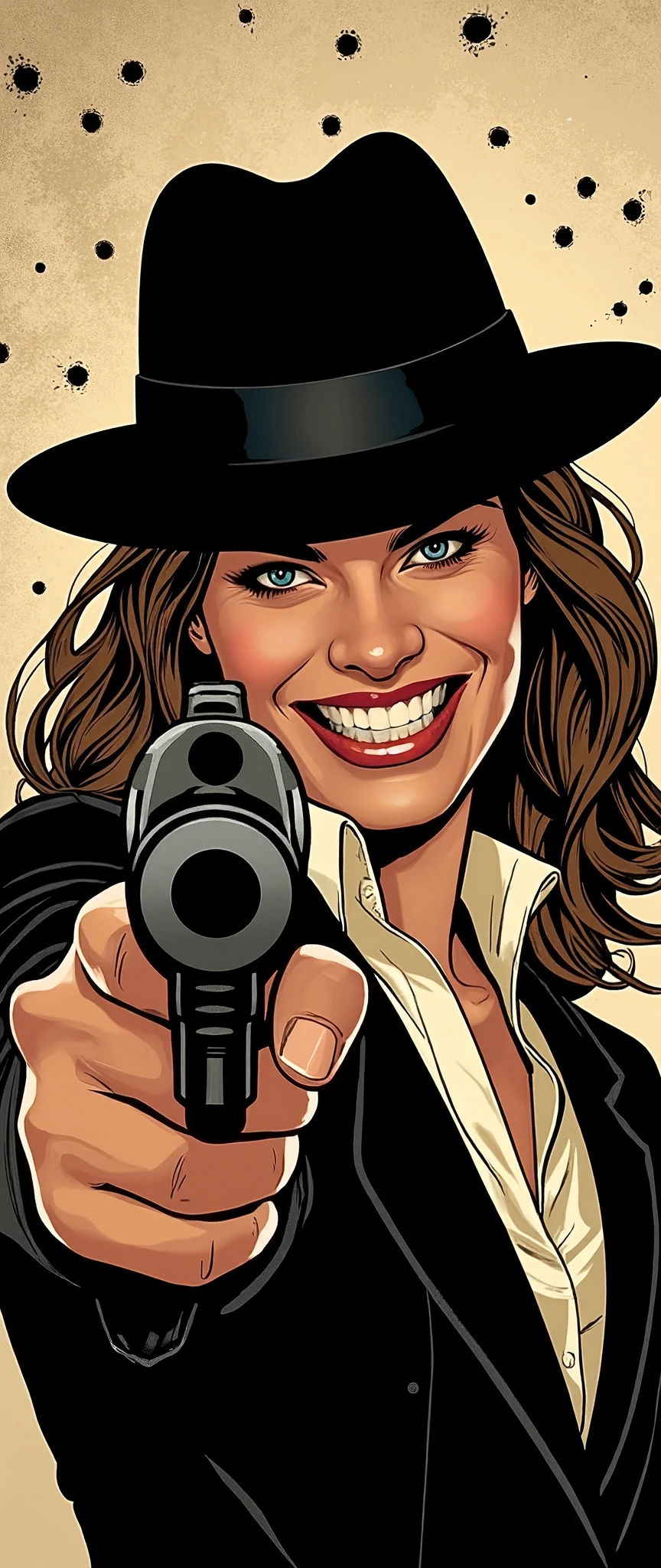 (Best illustrations:2.0),Crazy Smile,Evil Villain,Vector art,Mafia female boss with a big smile,Gangster,hat,(Ready your gun?:2.0),(Point the gun at the camera:2.0),(The background is a wall of bullet holes:2.0),Gangster,hat,(Artistic Rendering),(Simple design:2.0),(Detailed hands),(Close-up of face),(dynamic),(From below)