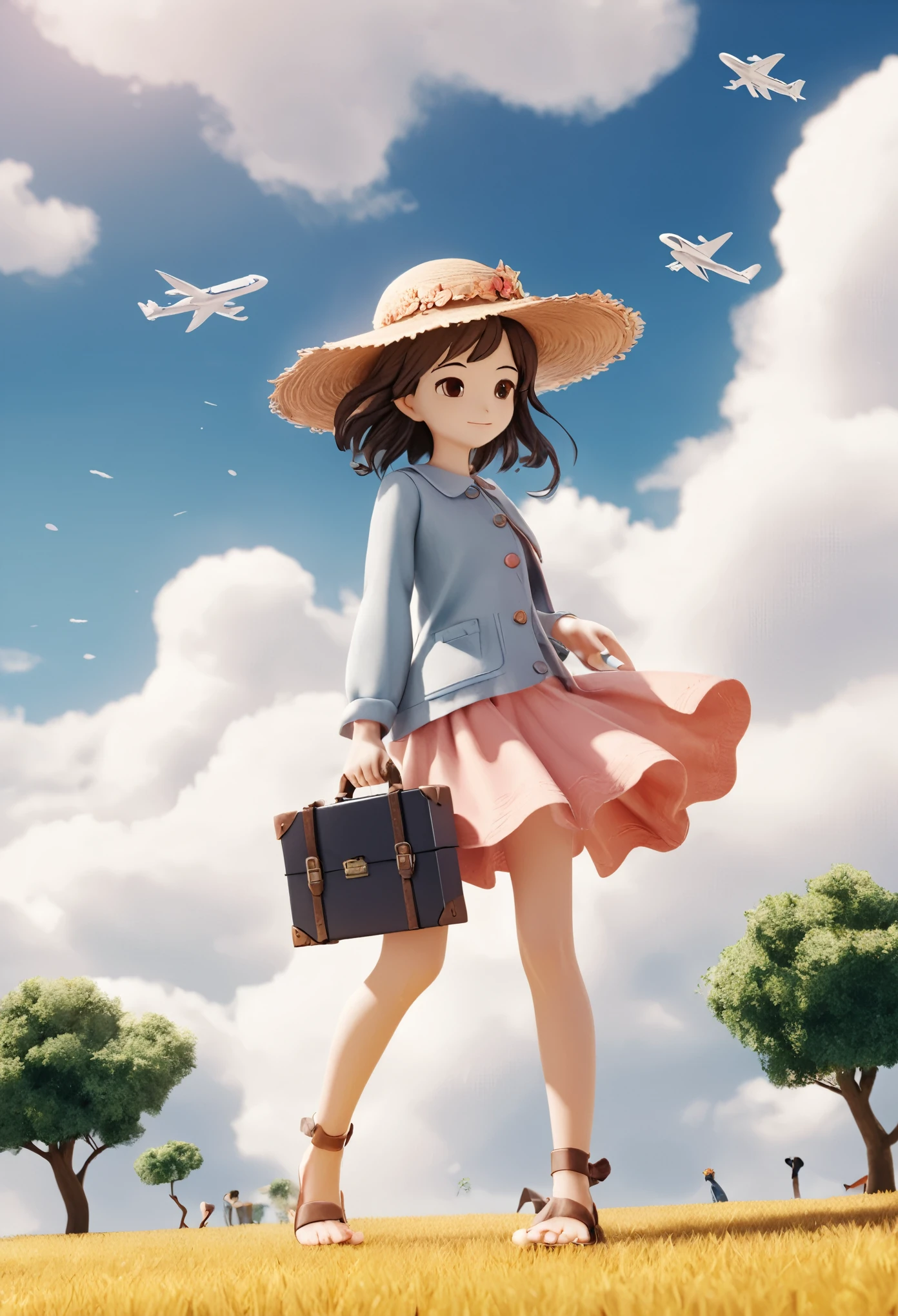 There is a suitcase with a straw hat on top, clouds, atmosphere, leaves, chrysanthemums floating in the air, paper airplanes, (miniature: 1.2), 2.5d illustration, 3d rendering, 3d modeling, bubble matt, trend in behans 3d art, trend in behans 3d art, 3d illustration, 3d illustration, 3d illustration, commercial illustration, cinema 4d color rendering, 3d rendering stylization, stylized digital illustration, 3d stylized scene, stylized 3d rendering