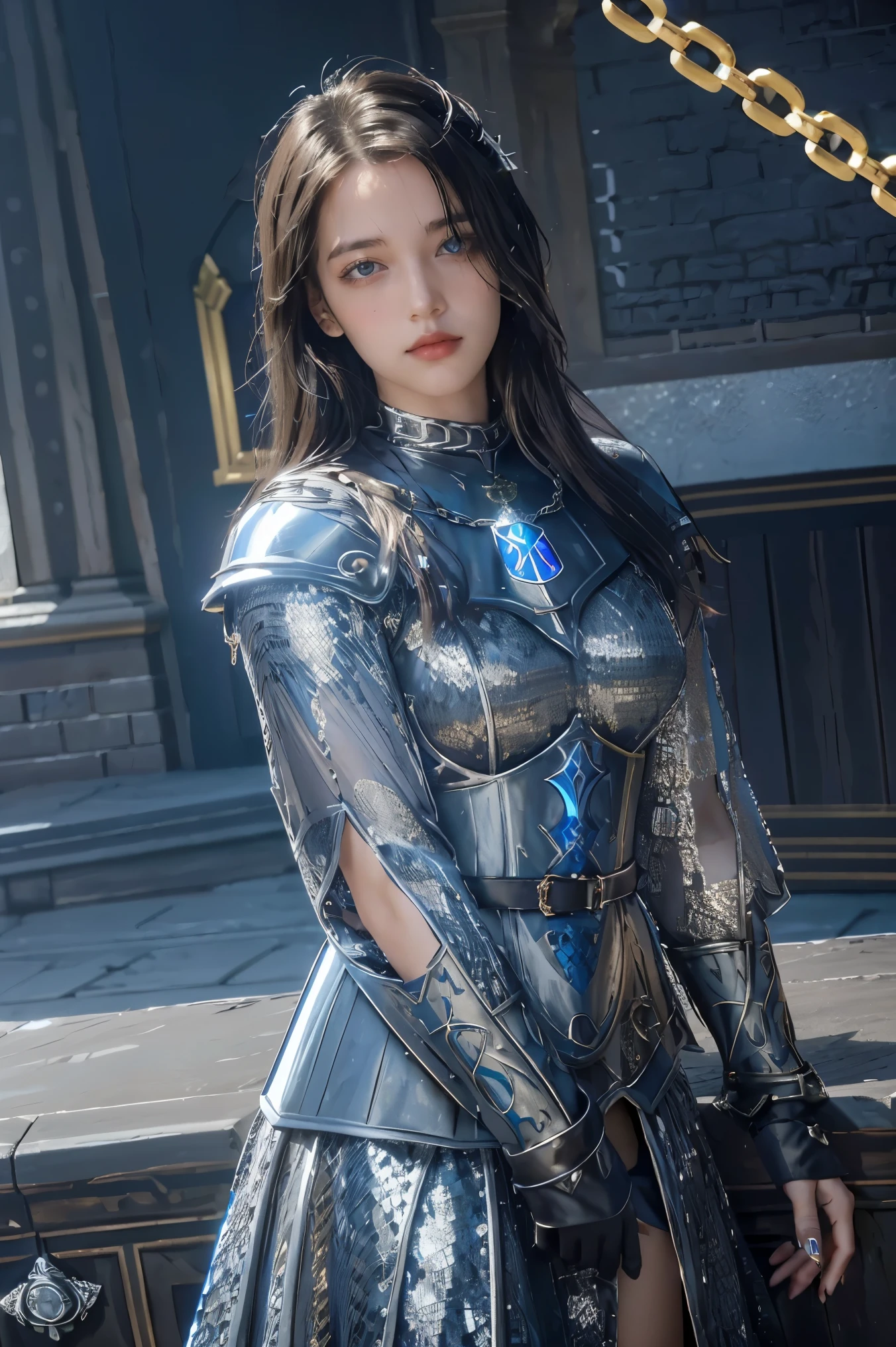 (masterpiece, best quality), intricate details, 8k, artstation, wallpaper, official art, splash art, sharp focus, 1girl, solo, Aasimar \(Dungeon and Dragon setting\), black hair with blond at the highlight, bright blue left eye, and red right eye, ear pierces ,(Chain mail with Anvil emblem on it:1.3), ,wearing [armor|dress],