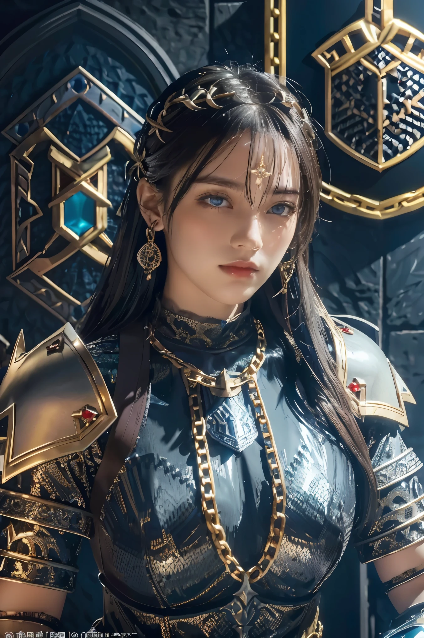 (masterpiece, best quality), intricate details, 8k, artstation, wallpaper, official art, splash art, sharp focus, 1girl, solo, Aasimar \(Dungeon and Dragon setting\), black hair with blond at the highlight, bright blue left eye, and red right eye, ear pierces ,(Chain mail with Anvil emblem on it:1.3), ,wearing [armor|dress],