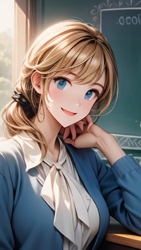 High resolution、High resolution、High image quality、masterpiece、1 female、Ellen Baker、School teacher、blonde、blue eyes、Light blue suit、School classroom、Cute pose、blackboard、smile、((Depiction of upper body only))、((Close-up of a woman))