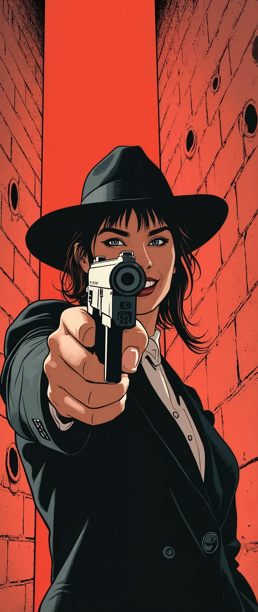 (Best illustrations:2.0),Crazy Smile,Evil Villain,Vector art,Mafia female boss with a big smile,Gangster,hat,(Ready your gun?:2.0),(Point the gun at the camera:2.0),(The background is a wall of bullet holes:2.0),Gangster,hat,(Artistic Rendering),(Simple design:2.0),(Detailed hands),(dynamic),(From below)