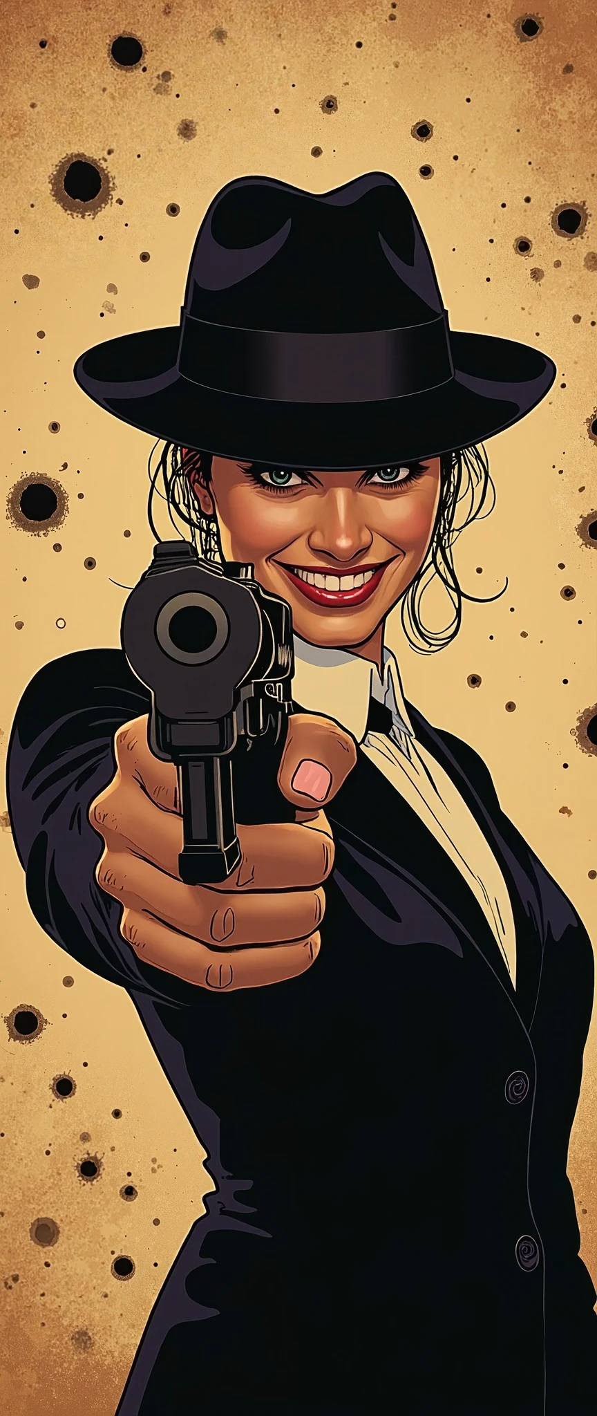 (Best illustrations:2.0),Crazy Smile,Evil Villain,Vector art,Mafia female boss with a big smile,Gangster,hat,(Ready your gun?:2.0),(Point the gun at the camera:2.0),(The background is a wall of bullet holes:2.0),Gangster,hat,(Artistic Rendering),(Simple design:2.0),(Detailed hands),(dynamic),(From below)