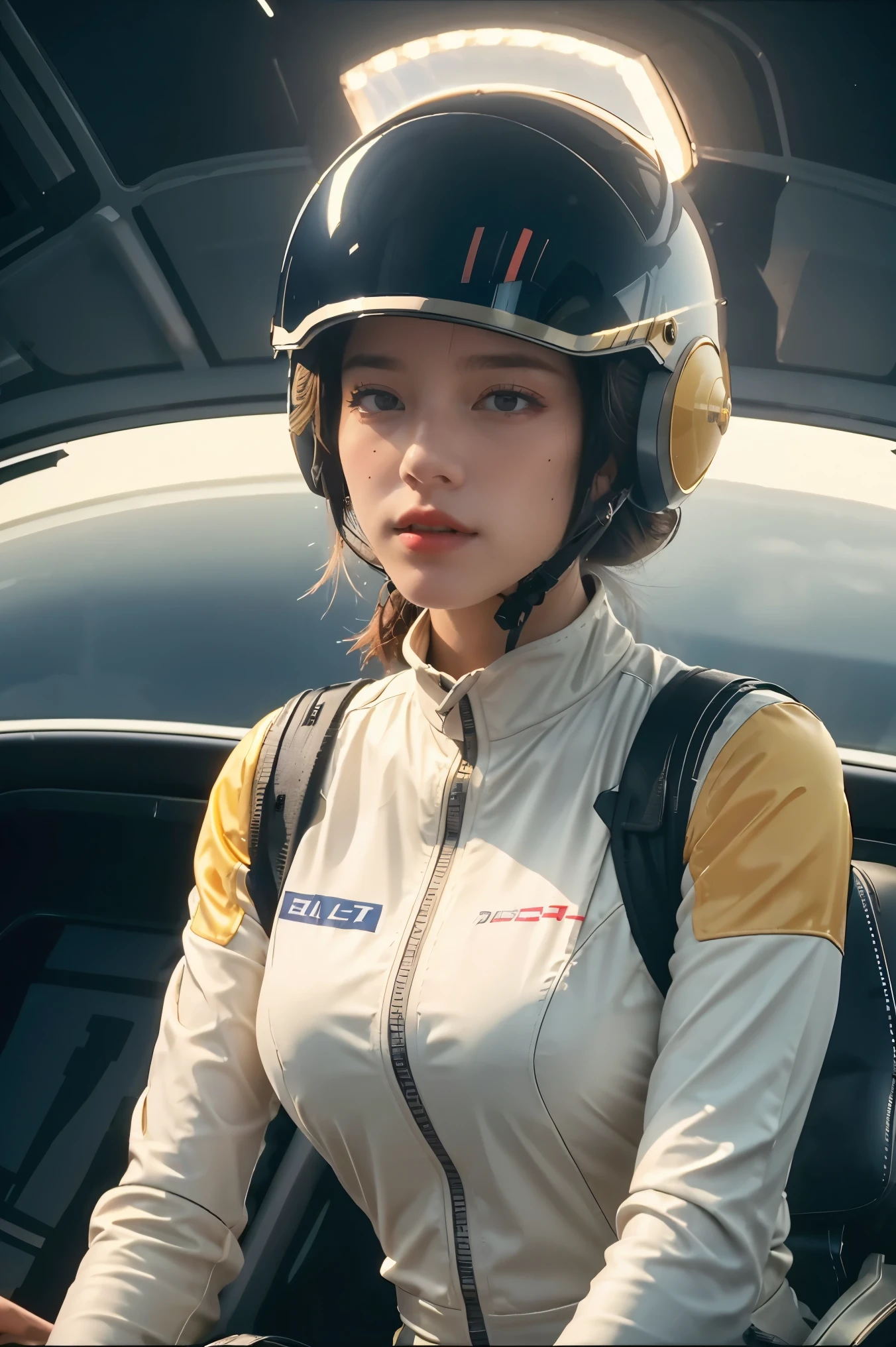  a woman in a helmet and a helmet on, 2 0 2 1 cinematic 4 k framegrab, barbarella, by Anna Katharina Block, fighter pilot in the cockpit, moody : : wes anderson, retro photography, furious gorgeous woman, sixties, faster, awarded on cgsociety, pompadour, nascar, 2015 cinematography