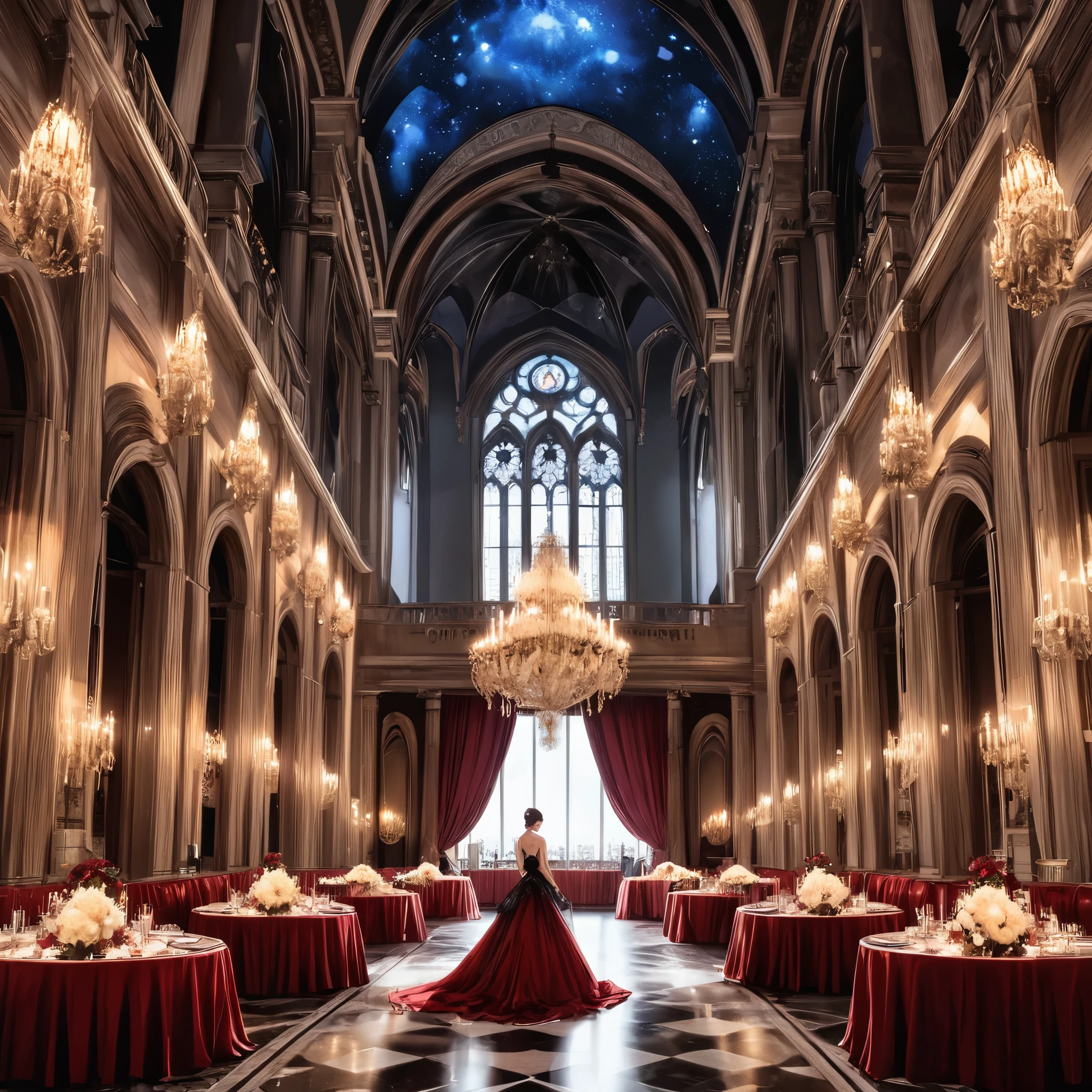 Design an elegant Gothic ball set in a grand ballroom with soaring ceilings and crystal chandeliers casting a soft glow over the room. Guests dressed in elaborate black and dark red gowns, along with men in finely tailored suits, waltz across the marble floor. The large windows reveal a night sky full of stars, and dark curtains drape the walls. The room is adorned with candelabras and dark floral arrangements, creating an atmosphere of dark luxury and timeless elegance