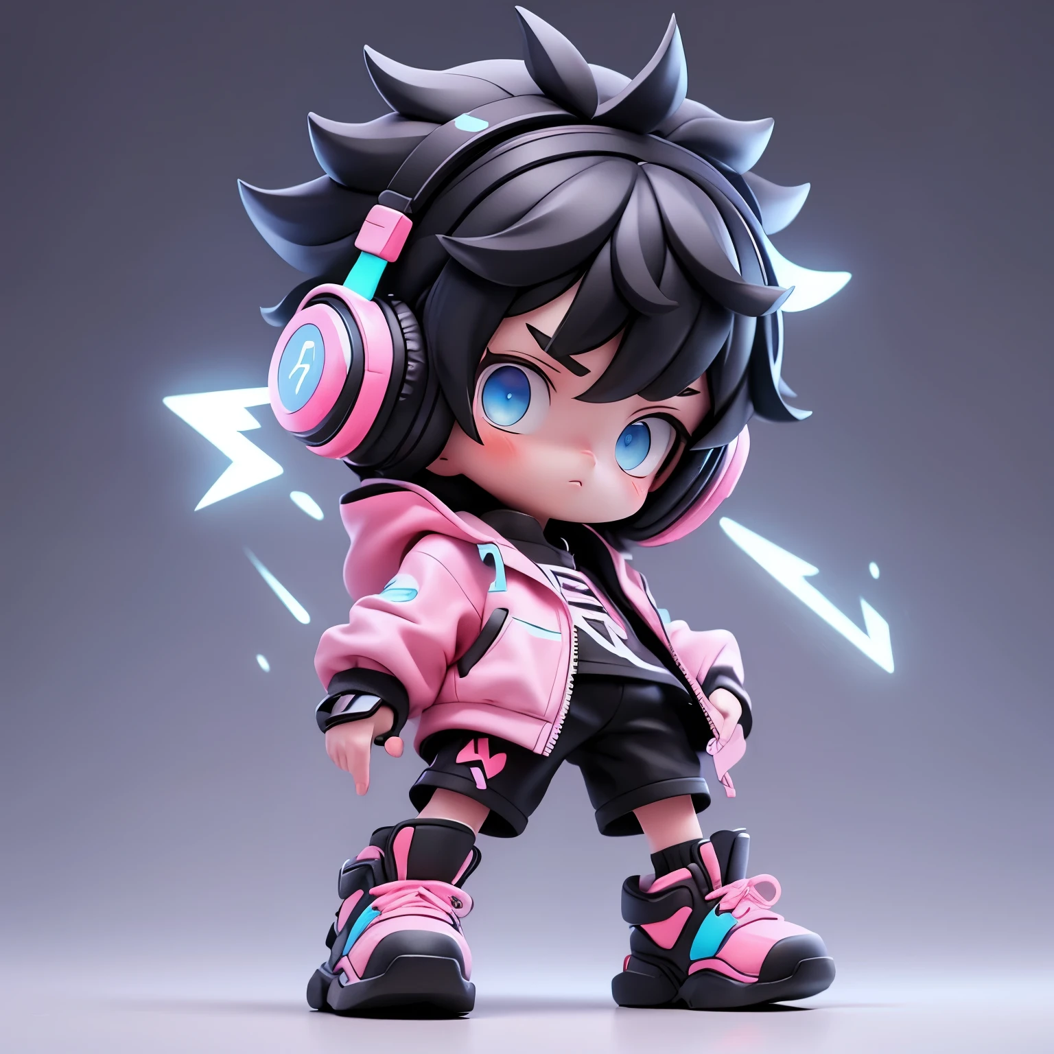 (Short-haired boy, Pink jacket, Black clothes, Black hair, blue eyes, Simple background, Wearing neon blue headphones, Matte blind box) (Best quality), (Bright colors), Serious face, Jump up, The power of lightning in his hands