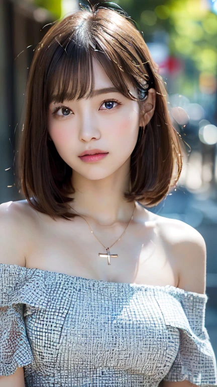 女の子1人、on tokyo street、natta、A city scape、city light、The upper part of the body、a closeup、A smile、、(8K、Raw photography、top-quality、masterpiece:1.2)、(realisitic、photoRealstic:1.37)、streaked々Camisole、Red hair、Fluffy Hair、Red hair、Cross Necklace、Teardrops、red lipsticks