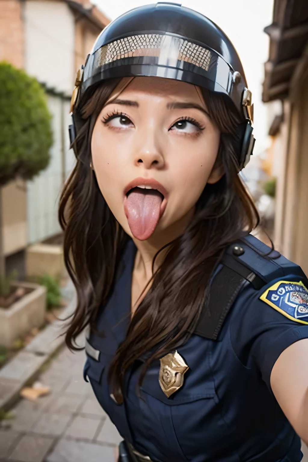 Beautiful Japanese actresses,Flying debris,Award-winning photo, Very detailed, Edge Orgasm, Woman with open mouth and closed eyes , Sweaty skin、Lighting that highlights shiny sweat{{{Please spread the word }}}, Black Hair、((Female police officer wearing a helmet,))((Sticking out his long tongue))