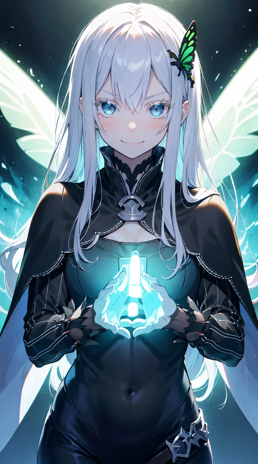 High resolution, Very detailed, Blue eyes, Medium Chest, butterfly々Hair Accessories, (Colored eyelashes:1.1), Capelet, Black sleeveless, Long sleeve, Looking at the audience, Wicked Smile, Otherworldly colors, Dreamy landscape, Invisible Light, Amazing shine, Neon green glow, Bright colors, Ghostly Effects