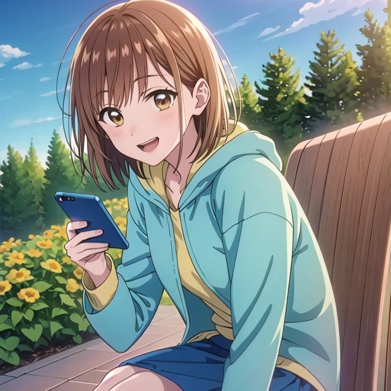 Full Body Shot,(masterpiece:1.2), Best Quality,((((High resolution)))), unity 8k wallpaper, (shape:0.8), ((((Highly detailed face)))), Perfect lighting, (((Extremely detailed CG))), One girl, bangs, Blue Skirt, Brown eyes, Brown Hair, cellphone coat, holding, Have a phone, Food, Food down, Food  jacket, Staring at the audience, short hair, Sitting, smile, Alone, tileフロア, tile壁, tile,((garden)),(((blue sky))),(((Sit on a chair))),((Open your mouth))