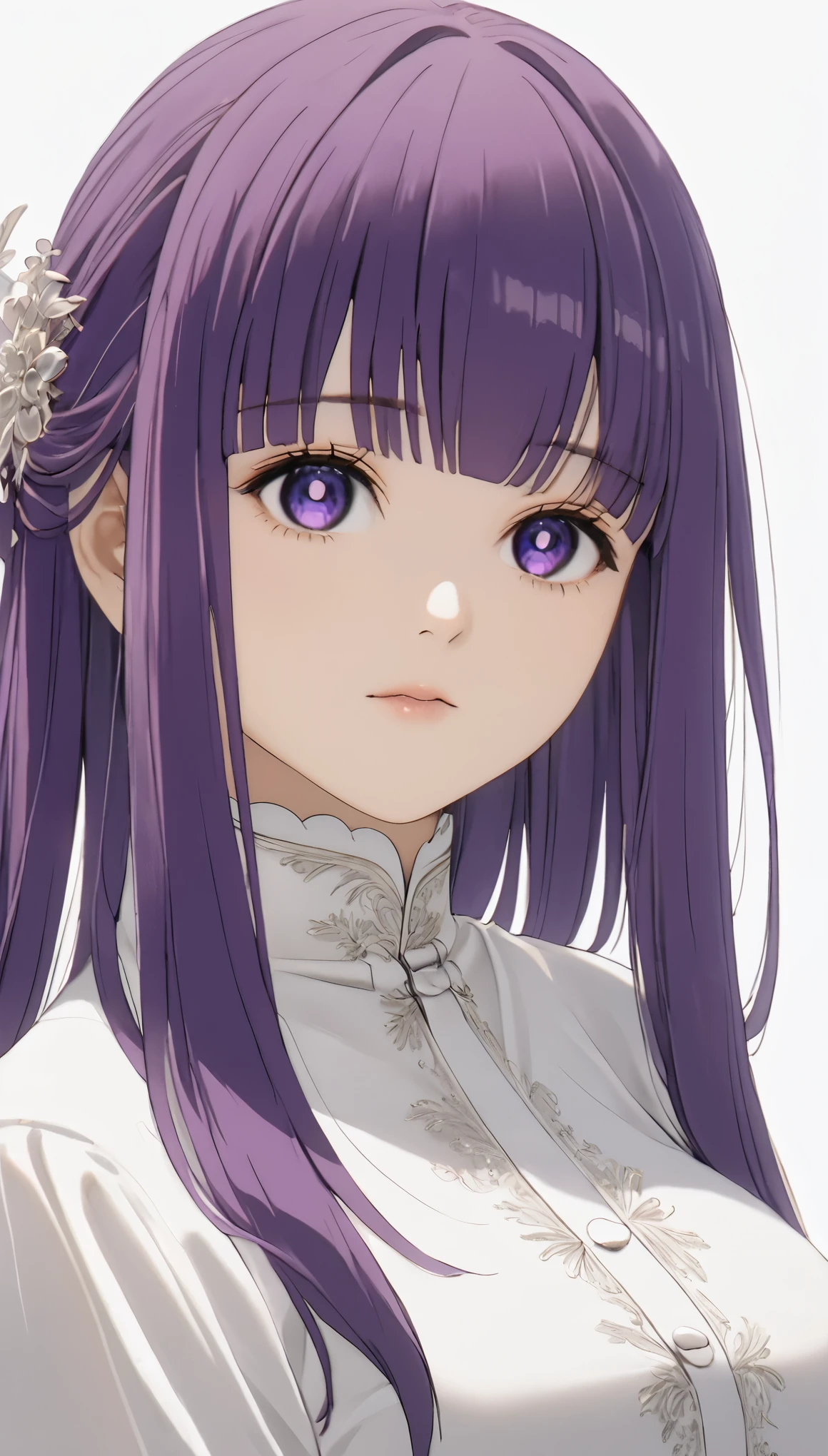 Cheongsam Girl，Half Up,Purple Hair,Purple eyes,Long Hair，Blunt bangs,cowboy shot,Pure white background，Big Breasts,Depth of written boundary，Calf Level View，Overclocked Renderer，Cinema Lighting，masterpiece,Ultra-fine，Very detailed，complicated，Cinematic Perspective，CG Art，Looking at me,