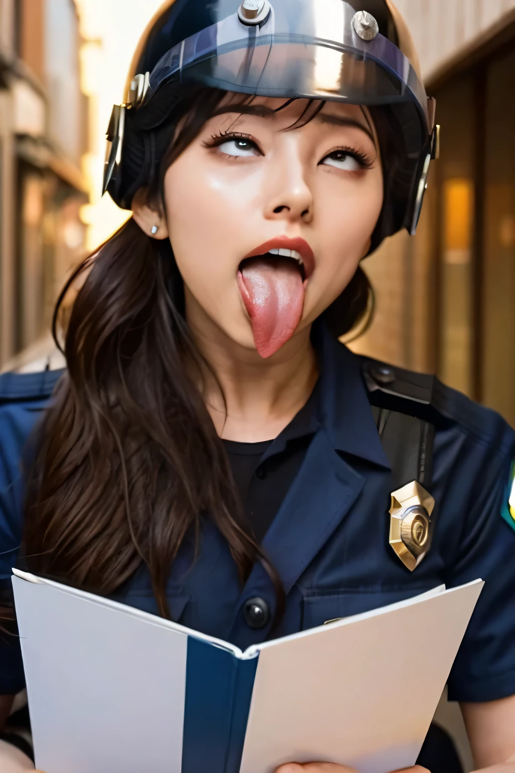 Beautiful Japanese actresses,Flying debris,Award-winning photo, Very detailed, Edge Orgasm, Woman with open mouth and closed eyes , Sweaty skin、Lighting that highlights shiny sweat{{{Please spread the word }}}, Black Hair、((Female police officer wearing a helmet,))((Sticking out his long tongue))