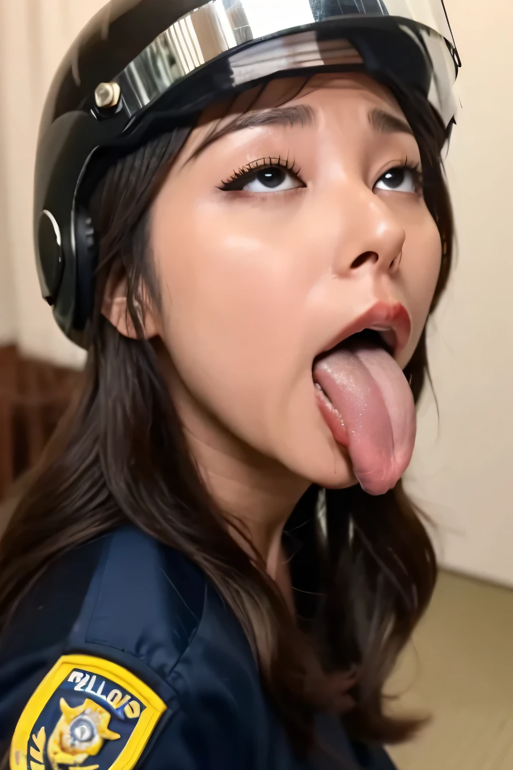 Beautiful Japanese actresses,Flying debris,Award-winning photo, Very detailed, Edge Orgasm, Woman with open mouth and closed eyes , Sweaty skin、Lighting that highlights shiny sweat{{{Please spread the word }}}, Black Hair、((Female police officer wearing a helmet,))((Sticking out his long tongue))((hard doggy sex))