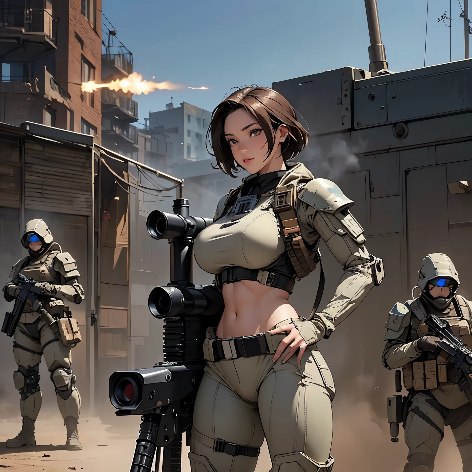 nsfw, anime screencap, 16K, perfect anatomy proportion body, perfect hands, action, A dynamic composition with a sense of speed and movement, (Hold an assault rifle:1.6), a wife, 40age, perfect beautiful delicate sexy face, perfect beautiful delicate eyes, brown hair, short bob hair, gigantic tits, abs, Elaborate chainmail-clad, heavily armored robotic steam-powered, midriff-baring powered suit, Many robot soldiers having a gunfight in the background, Flying bullets, Desert Battlefield, war, Post-apocalyptic,