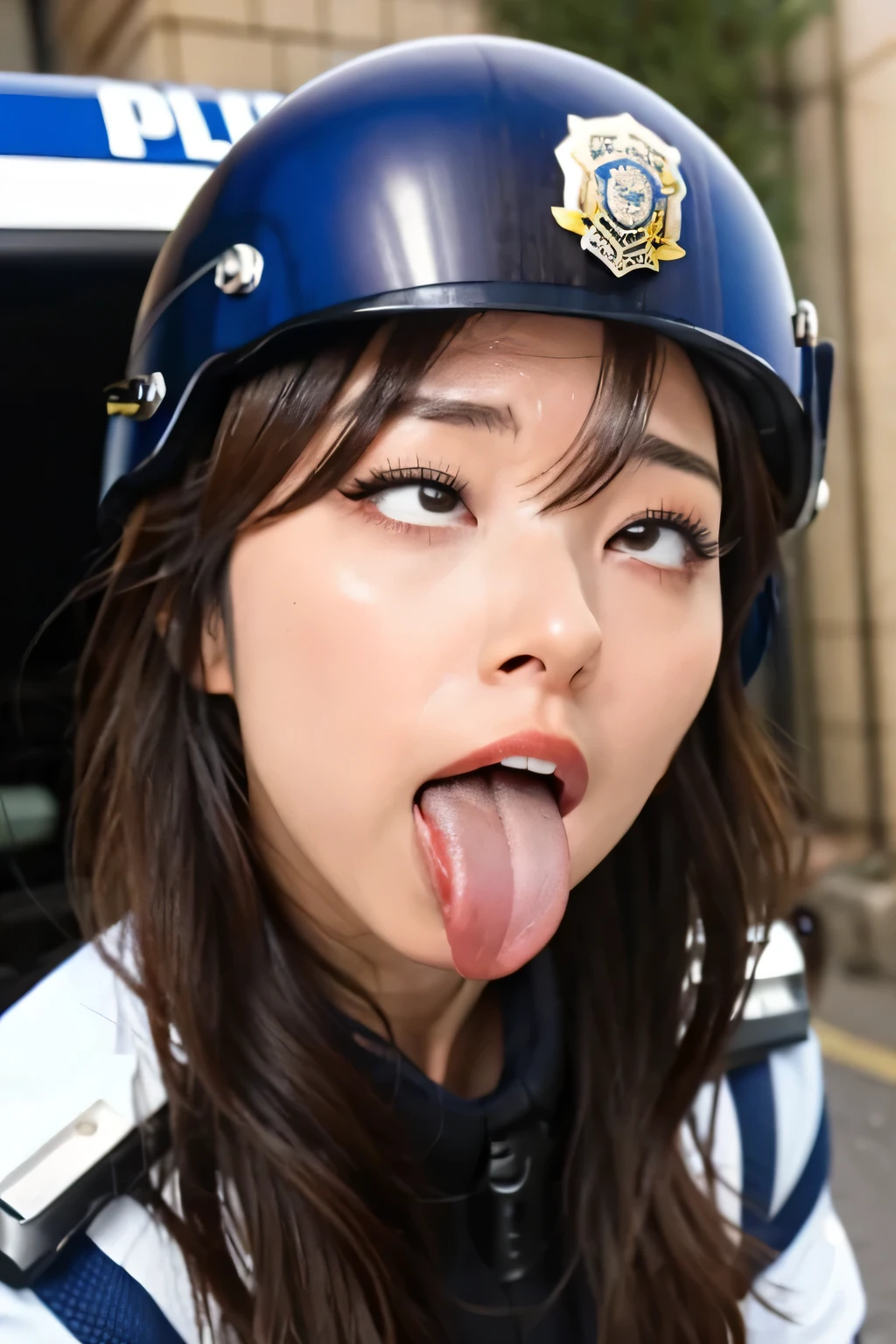 Beautiful Japanese actresses,Flying debris,Award-winning photo, Very detailed, Edge Orgasm, Woman with open mouth and closed eyes , Sweaty skin、Lighting that highlights shiny sweat{{{Please spread the word }}}, Black Hair、((Female police officer wearing a helmet,))((Sticking out his long tongue))Policewoman squatting in front of a police car,((Open up))