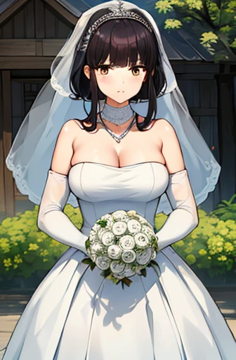 
bangs, blunt bangs, Brown eyes, Long Hair,Black Hair,

Looking at the audience,(Focus on her face),Shut your mouth., Close-up of a beautiful bride in a beautiful wedding dress,Gurwitz,(Bridal Veil:1.5），（Transparent short veil：1.5），Blushing，Flower head，headgear，（tube top wedding dress：1.5），（Silk dress：1.2）,（Strapless Wedding Dress：1.5）,Pure white dress，necklace，Earrings，(Large Breasts:1.3)，Deep V Peach Heart Collar Wedding Dress，bangs，，（Lace gloves：1.3）,whole body照,High definition RAW color art,long white dress，whole body，Place your hands behind your back，