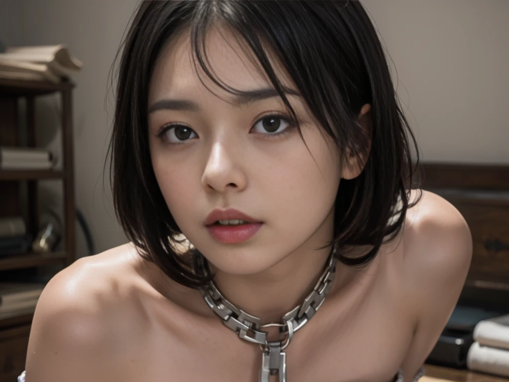 (nsfw:-2),(realistic, photo-realistic:1.4), (master piece, best quality), high resolution, extremely detailed, intricate details, sharp focus, solo, a Japanese mature, (pov, face focus, close-up of face, collarbone:1.2), (metal collar, o-ring, chained:1.5), detailed face, detailed eyes, sophisticated nose, pale skin, fine-textured skin, t-shirt, skirt, simple background, Yui Aragaki,