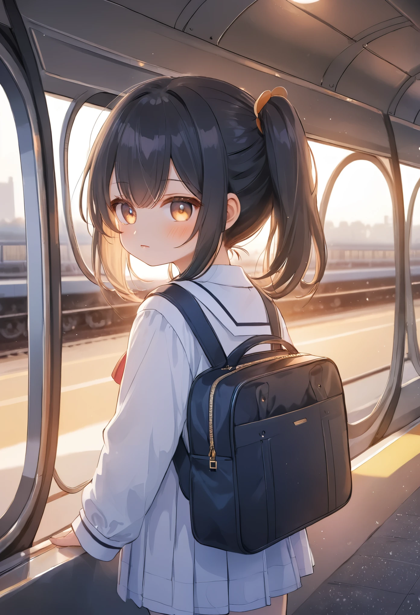 Chibi, One Girl, Face down, spread, whole body, school uniform, Lying down, Asleep, back of head, relax,Do you look dead?? ,Rear View,break, Station platform, Girl who missed the train, school bag,Her feet Banana peel,(Passing train), sunset,