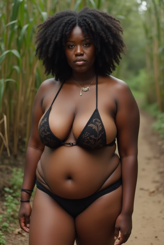 make a Brazilian, black, not very pretty, gorda, living in a slum. The image must be full body, She must be in a place with vegetation and the image must be hyper realistic and she must be naked, no clothing