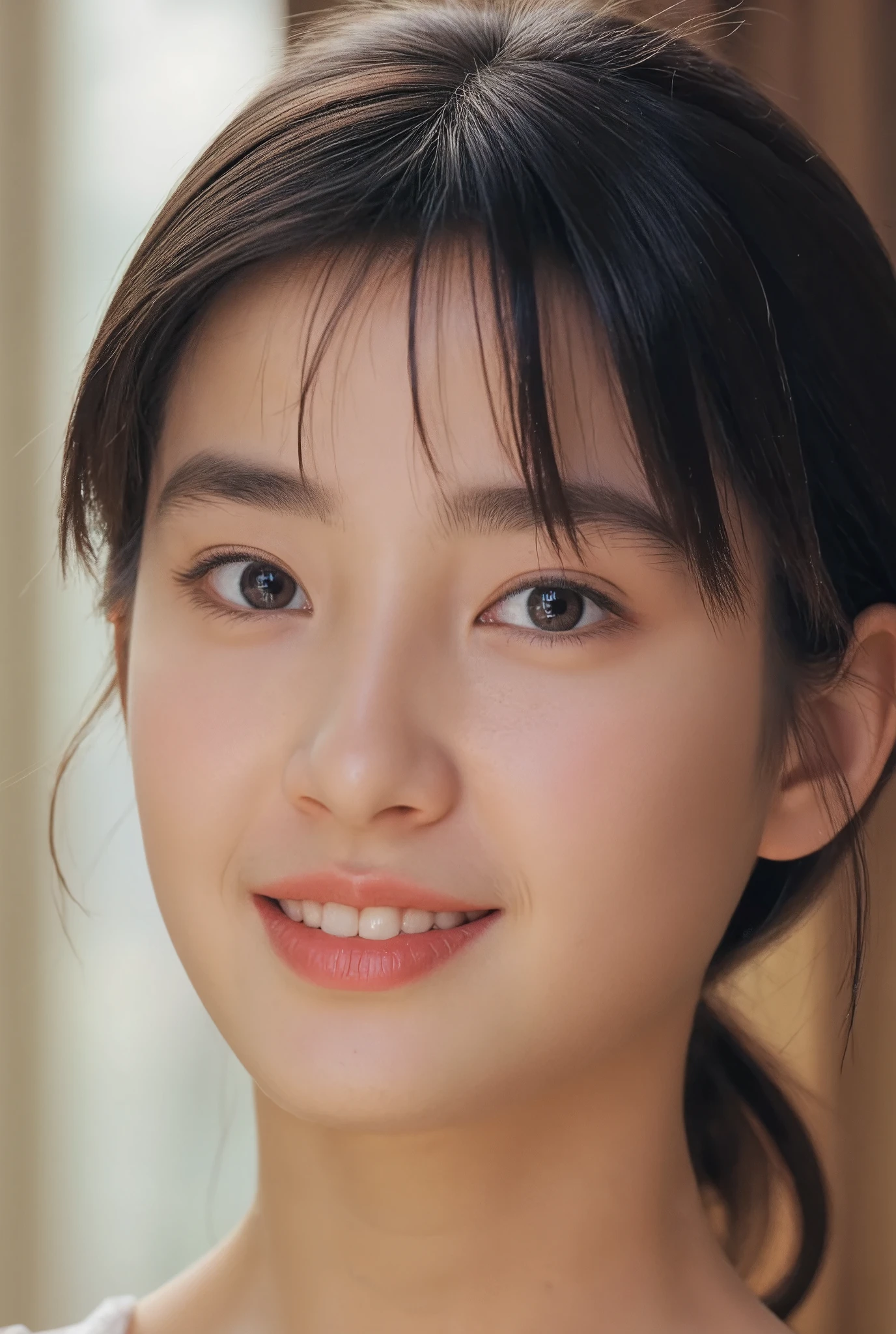 smile, (Best Quality:1.5), (Skin texture and pores:1.7), Sharp focus captures the entire face、Creates natural shadows on the cheeks and forehead, (HDR:1.4), Pores and fine skin details are realistically depicted.、Lighting enhances skin texture (Skin Detail:1.8), The lips have a slight sheen、The natural pink color creates an elegant reflection of light., The hair is realistically expressed.、The background is blurred, giving it a luxurious feel with studio lighting. (Background Blur:1.3)
