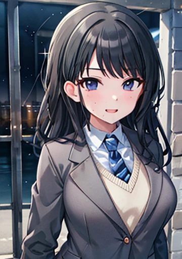   (The Idolmaster), (Please redeem, 8k, masterpiece, Very detailed:1.2), (Lens Flare, Particles of light, Shine), Big Breasts, smile, Open your mouth, masterpiece, Please redeem, Very detailed, High resolution, Very detailedなCG, , light blue tie, blazer, Grey jacket, Long sleeve, Check skirt, Black Skirt , Embarrassing:1.1), (:1.2),  Open your mouth, (shout:1.1), (:1.1), masterpiece, Please redeem, Very detailed, High resolution, Very detailedなCG, official art,Large Breasts、