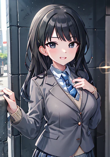   (The Idolmaster), (Please redeem, 8k, masterpiece, Very detailed:1.2), (Lens Flare, Particles of light, Shine), Big Breasts, smile, Open your mouth, masterpiece, Please redeem, Very detailed, High resolution, Very detailedなCG, , light blue tie, blazer, Grey jacket, Long sleeve, Check skirt, Black Skirt , Embarrassing:1.1), (:1.2),  Open your mouth, (shout:1.1), (:1.1), masterpiece, Please redeem, Very detailed, High resolution, Very detailedなCG, official art,Large Breasts、