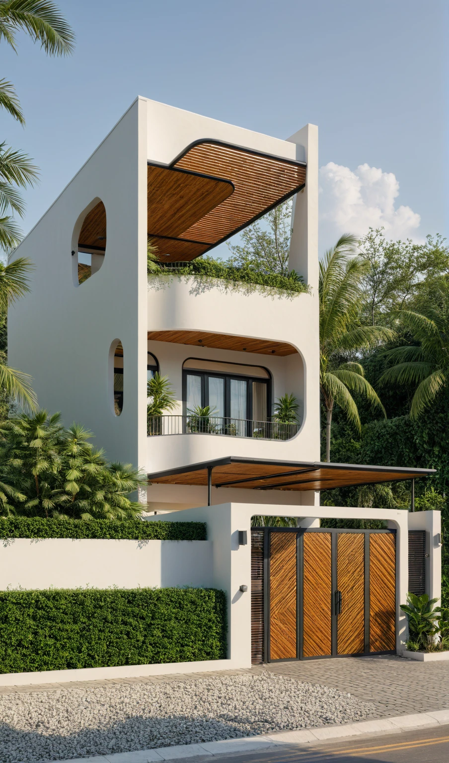 The tall and narrow 3-storey house is modernly designed, with steel gates and wooden details. The outside is painted white, the front wall has many curves. The house has windows on all sides and (wooden and iron ceilings: 1,2). Materials include black steel and wood. The third floor has trees growing on the middle columns, surrounded by tropical vegetation. The scene was shot from a 24mm angle perspective, with soft, natural lighting highlighting textures and materials, creating soft shadows that highlight the curves of the front wall and wooden details.