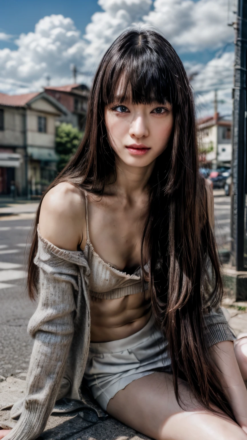 (masterpiece,best quality:1.2),(realistic,photo-realistic:1.37),high resolution,intricate details,extremely detailed,sharp focus,(full body),solo,1girl,little bodybuilder,(a Japanese actress, Chiaki Kuriyama),(face focus,lewdlook),(loose sweater, skirt, downblouse),(smaller face,flat chest,skinny,ribs,thin legs,thighs:1.5),(straight long hair,blunt bangs:1.3),(detailed face,beautiful detailed eyes,eyeliners, eyelashes,beautiful pupils,detailed nose,sophisticated nose:1.2),fine-textured skin,pale skin,photo background,outdoors,alley,blue sky and clouds,