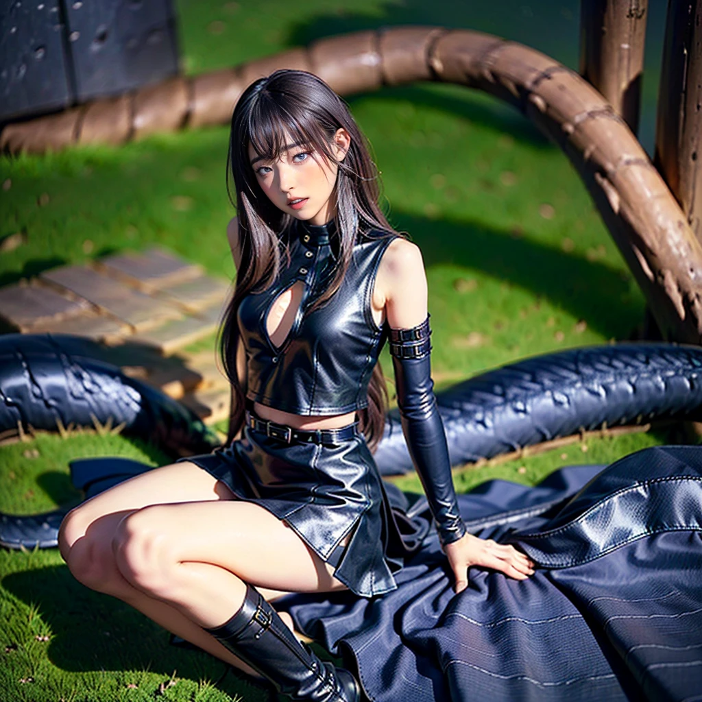 1girl, solo, masterpiece, best quality, 8k wallpaper, beautiful sea, detailed face, beautiful detailed eyes, detailed hands, detailed feet, stickers, full body, glossy crystal clear skin, black eyes, detailed hairpin, rabbit ears, playboy bunny, rabbit tail, pantyhose, bunny girl, wet body, knee-high boots, garter, hips: 1.1, looking back, fullback