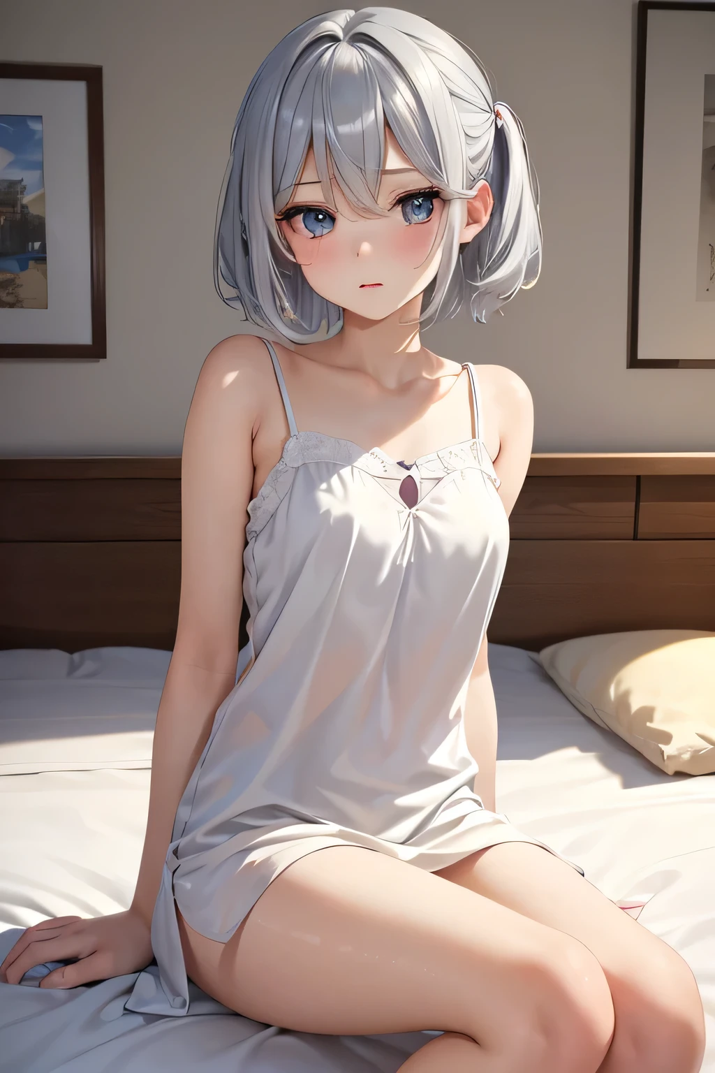 (( Junior high school girl))、Shiny silver hair, (Beautiful blue eyes、Shining eyes fine grain)、、超fine grain、High quality face, Very fine grain,Cowboy Shot, girl, Like, evening, Tsundere,child,
((Best Quality, 8k, masterpiece: 1.3)),
Beauty, Hide your face, 1 Girl,beautiful: 1.3,
White camisole, short , (Sitting on the bed),
High quality face, Detailed lips, fine grain, double eyelid, Get wet,