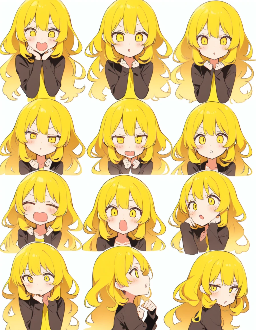 Yellow wavy girl hair in all directions face poses
