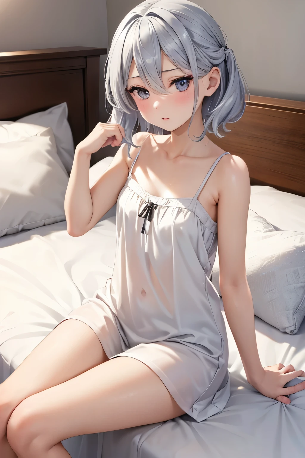 (( Junior high school girl))、Shiny silver hair,  (beautiful青色の目、輝く目fine grain)、、超fine grain、High quality face, Very fine grain,Cowboy Shot,  girl, Like, evening, Tsundere,child,

((Best Quality, 8k, masterpiece: 1.3)), 
Beauty, Hide your face, 1 Girl,beautiful: 1.3, 
 White camisole, short , (Sitting on the bed), 
 High quality face, Detailed lips, fine grain, double eyelid, Get wet,