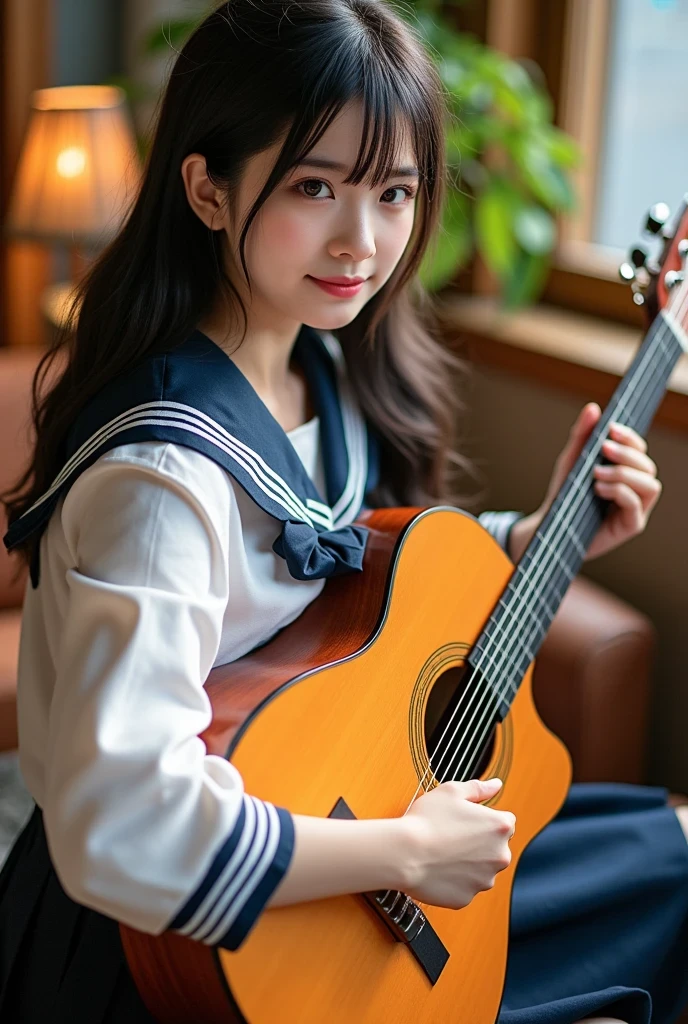 (masterpiece, best quality:1.2), 1girl, solo, wearing sailor uniform, playing guitar, intricate details, realistic lighting, cinematic composition, warm color tones, vibrant colors, photorealistic, digital art, oil painting style