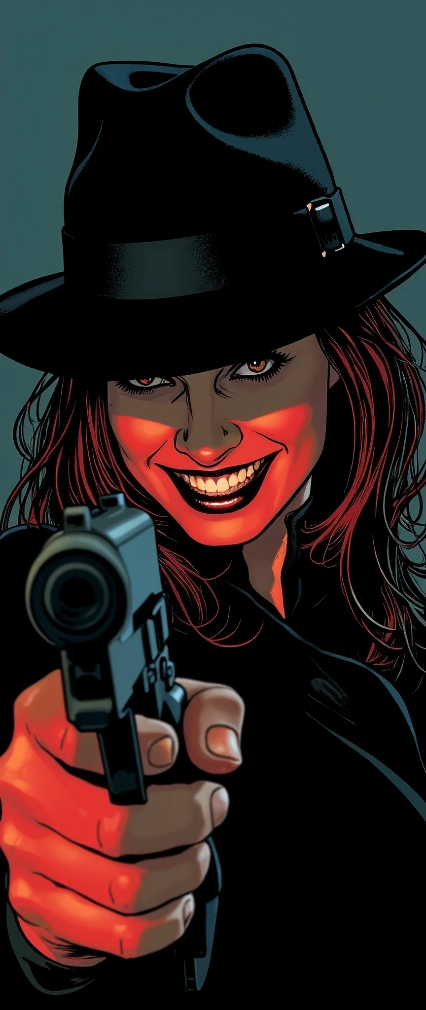 (Best illustrations:2.0),Crazy Smile,Evil Villain,Vector art,Mafia female boss with a big smile,Gangster,hat,(Ready your gun?:2.0),(Point the gun at the camera:2.0),(A face illuminated in the darkness:2.0),Gangster,hat,(Artistic Rendering),(Simple design:2.0)